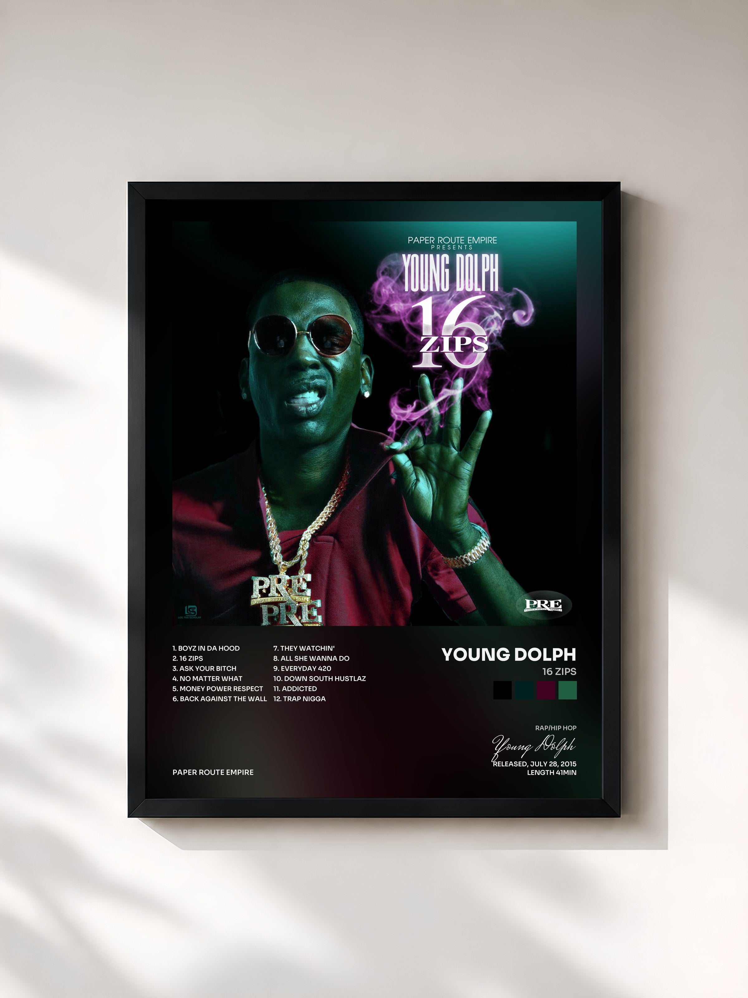 #noir Tableau de l'album 16 Zips de Young Dolph, cadre noir, imprimé et encadré en France