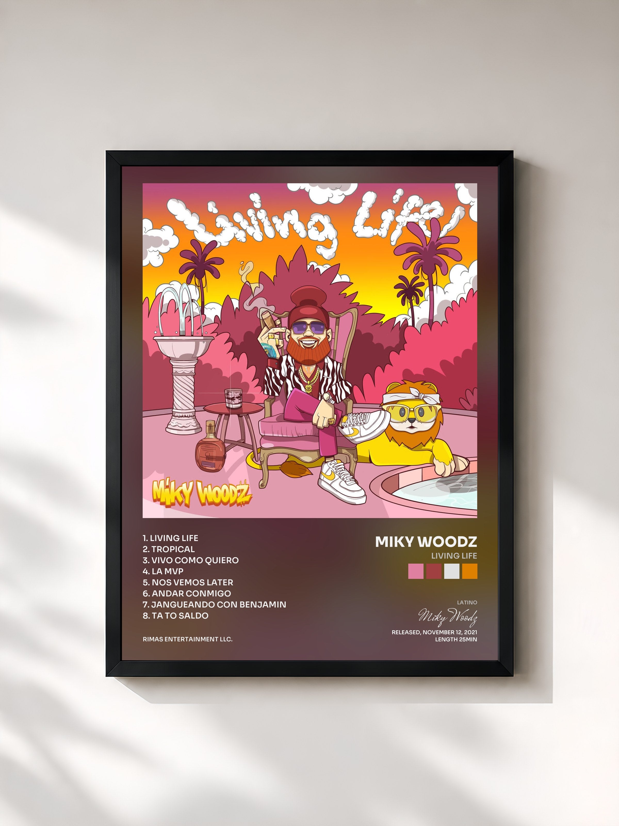#noir Tableau de l'album Living Life de Miky Woodz, cadre noir, imprimé et encadré en France