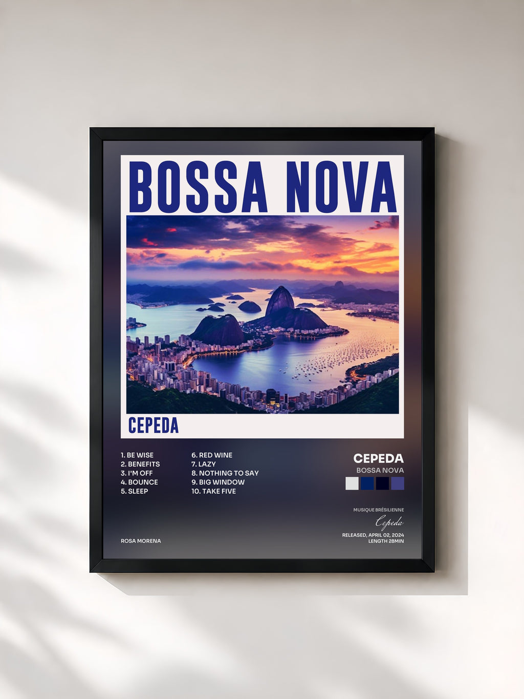 #noir Tableau de l'album Bossa Nova de Cepeda, cadre noir, imprimé et encadré en France