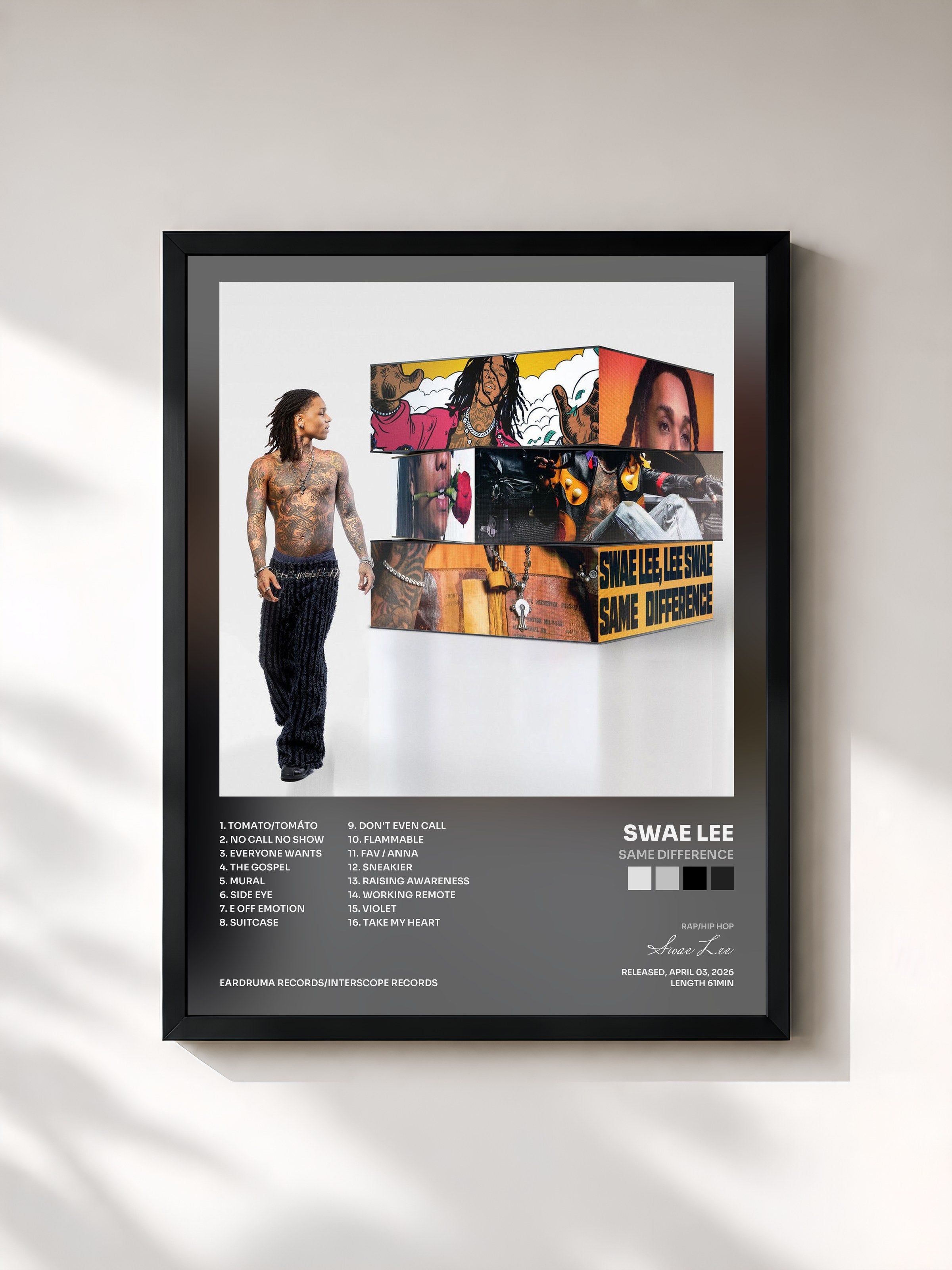 #noir Tableau de l'album SAME DIFFERENCE de Swae Lee, cadre noir, imprimé et encadré en France
