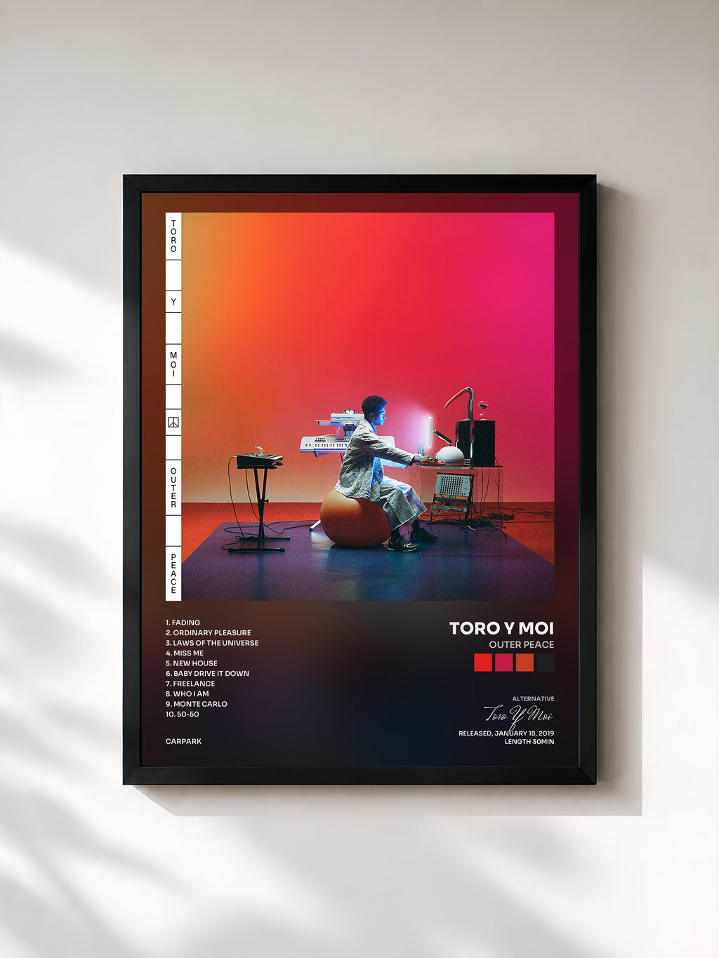 #noir Tableau de l'album Outer Peace de Toro Y Moi, cadre noir, imprimé et encadré en France