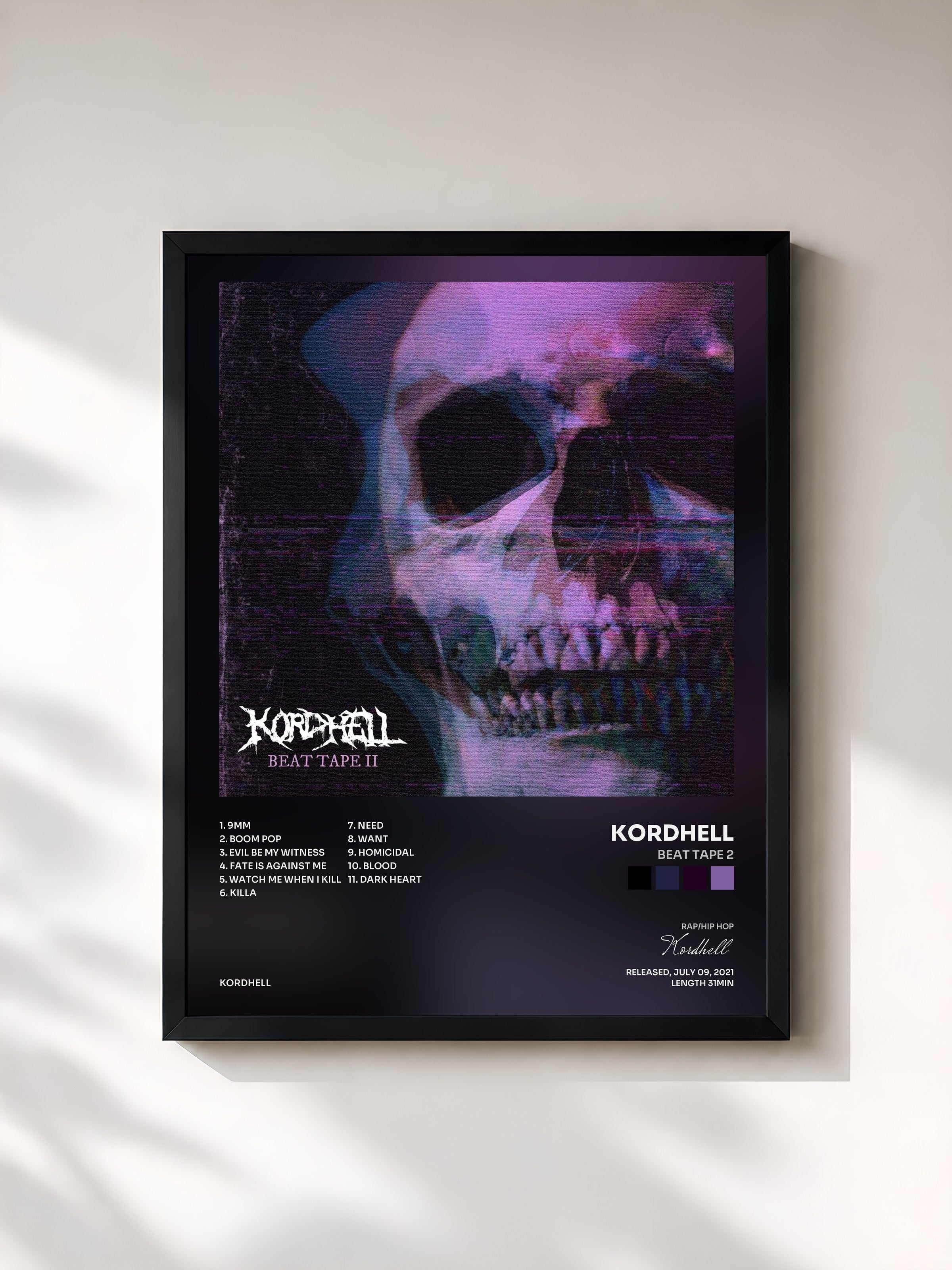 #noir Tableau de l'album Beat Tape 2 de Kordhell, cadre noir, imprimé et encadré en France