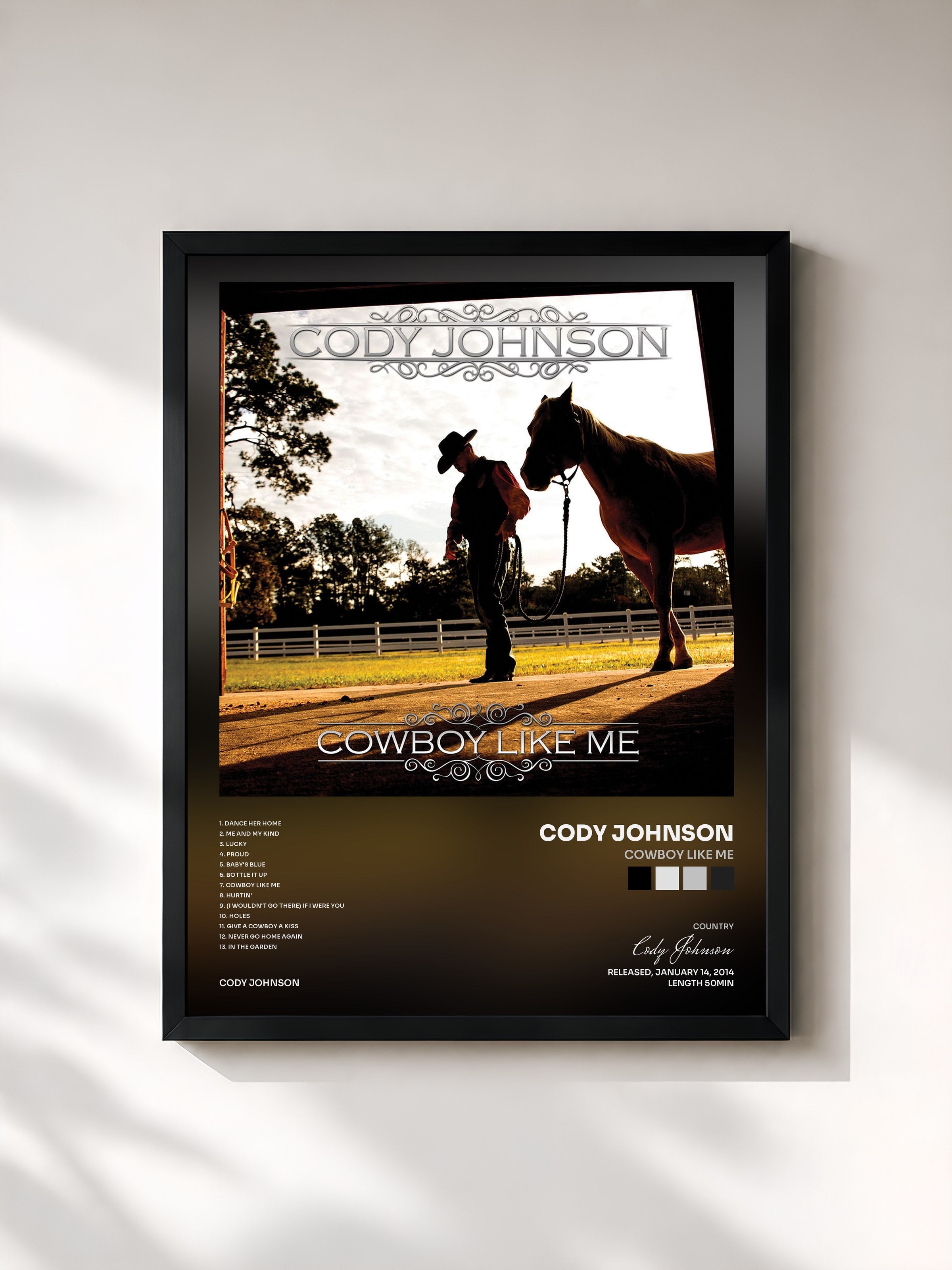 #noir Tableau de l'album Cowboy Like Me de Cody Johnson, cadre noir, imprimé et encadré en France