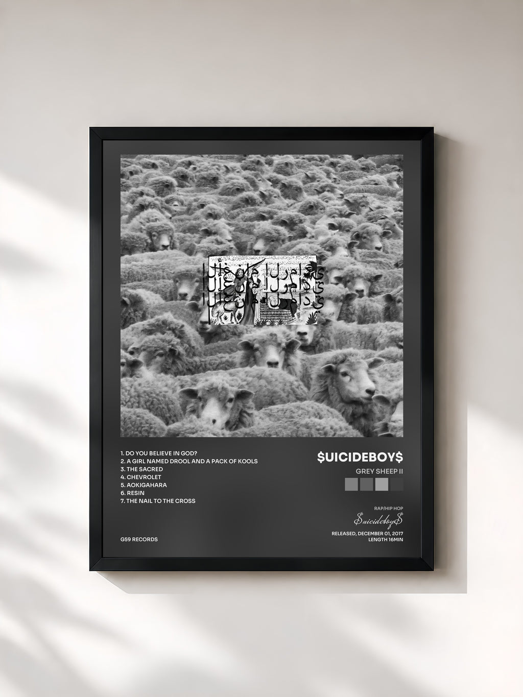 #noir Tableau de l'album Grey Sheep II de $uicideboy$, cadre noir, imprimé et encadré en France