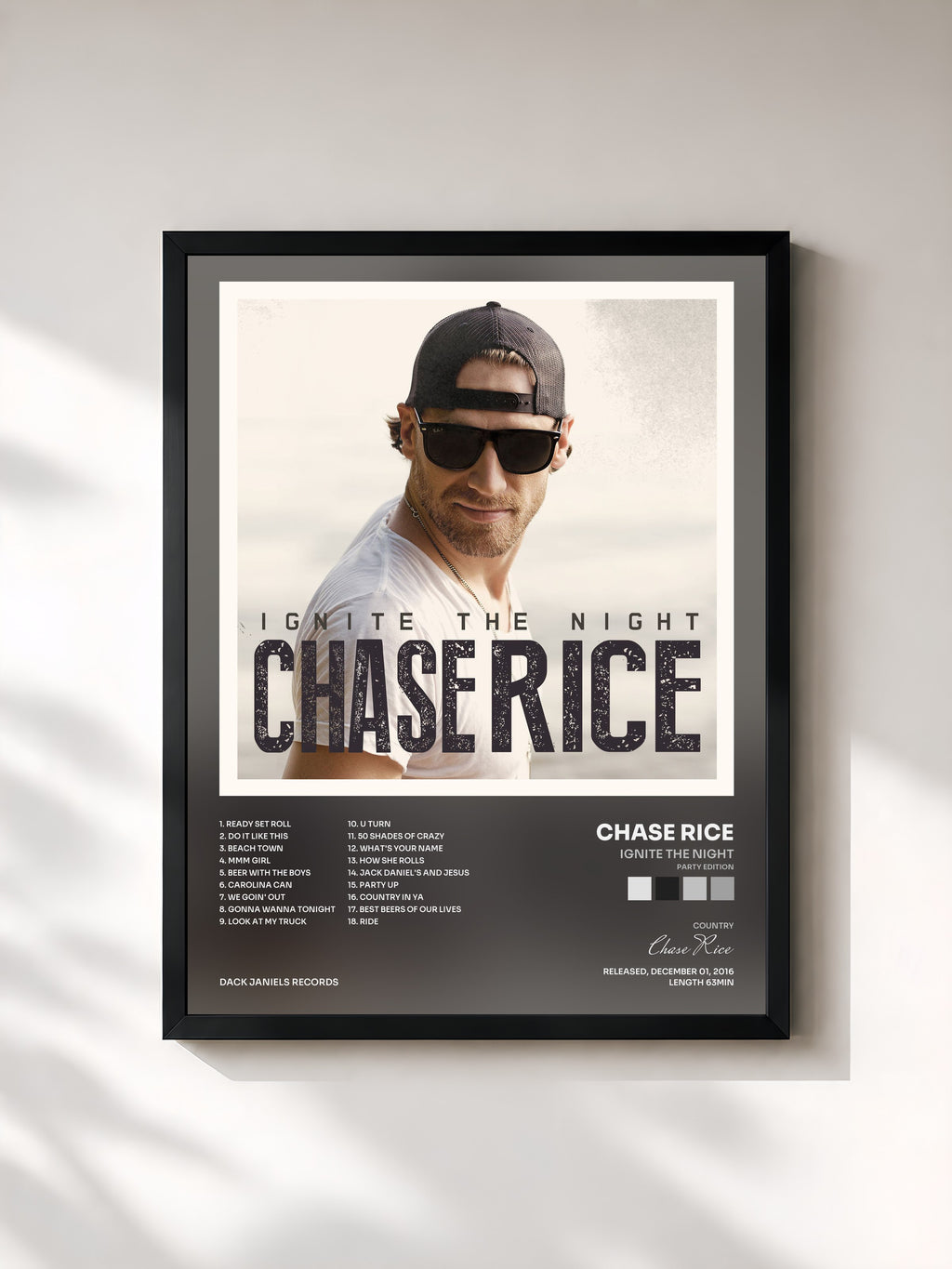 #noir Tableau de l'album Ignite the Night (Party Edition) de Chase Rice, cadre noir, imprimé et encadré en France