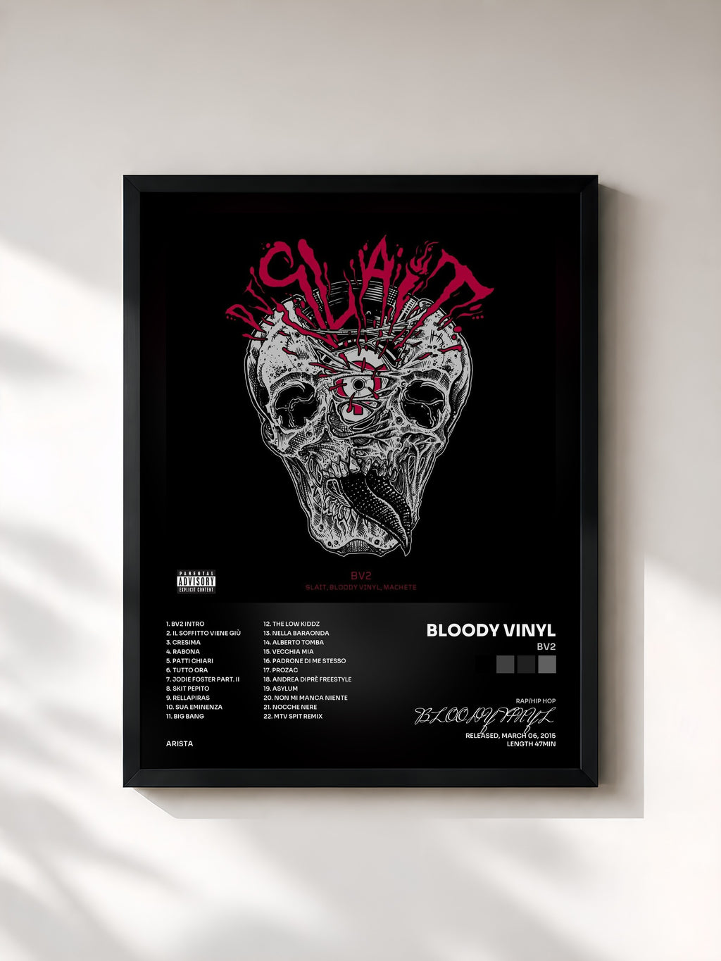 #noir Tableau de l'album BV2 de BLOODY VINYL, cadre noir, imprimé et encadré en France