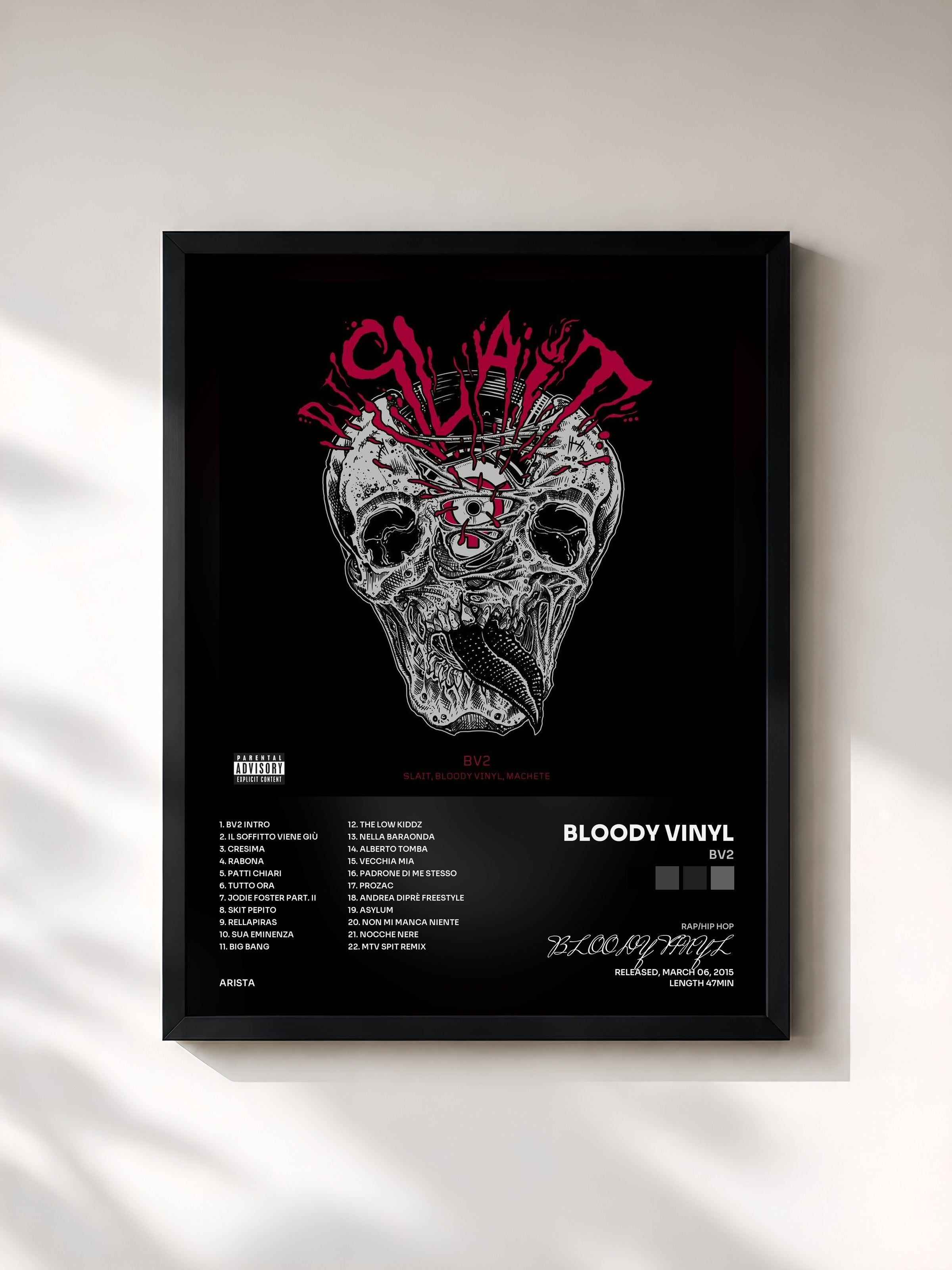 #noir Tableau de l'album BV2 de BLOODY VINYL, cadre noir, imprimé et encadré en France