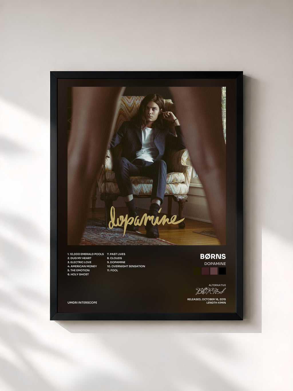 #noir Tableau de l'album Dopamine de BØRNS, cadre noir, imprimé et encadré en France
