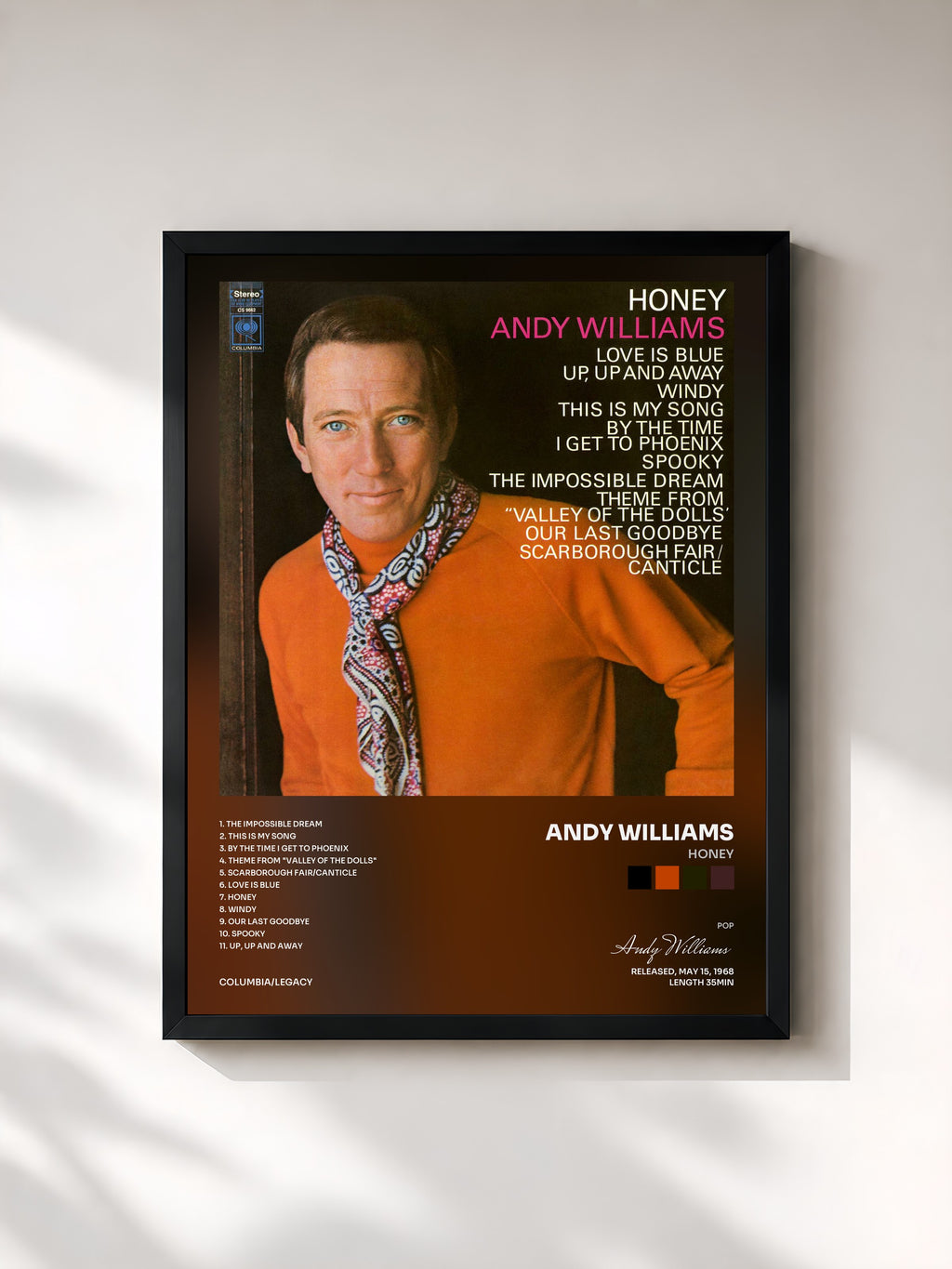 #noir Tableau de l'album Honey de Andy Williams, cadre noir, imprimé et encadré en France