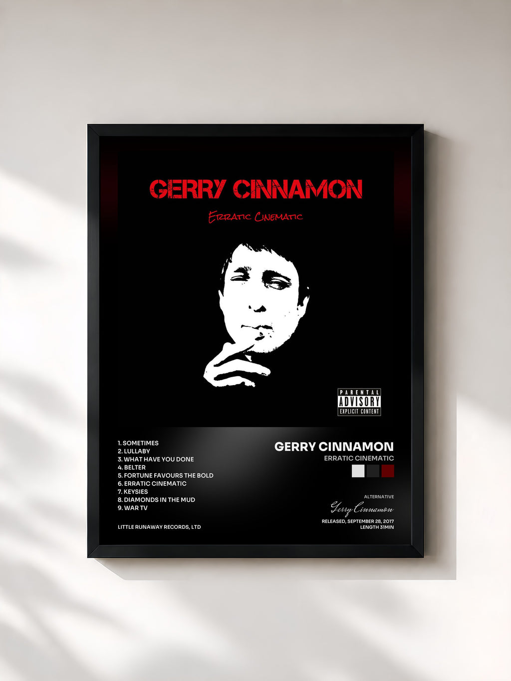 #noir Tableau de l'album Erratic Cinematic de Gerry Cinnamon, cadre noir, imprimé et encadré en France