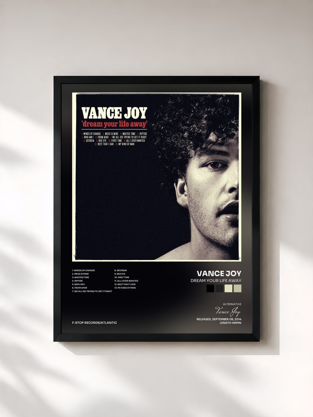 #noir Tableau de l'album Dream Your Life Away de Vance Joy, cadre noir, imprimé et encadré en France