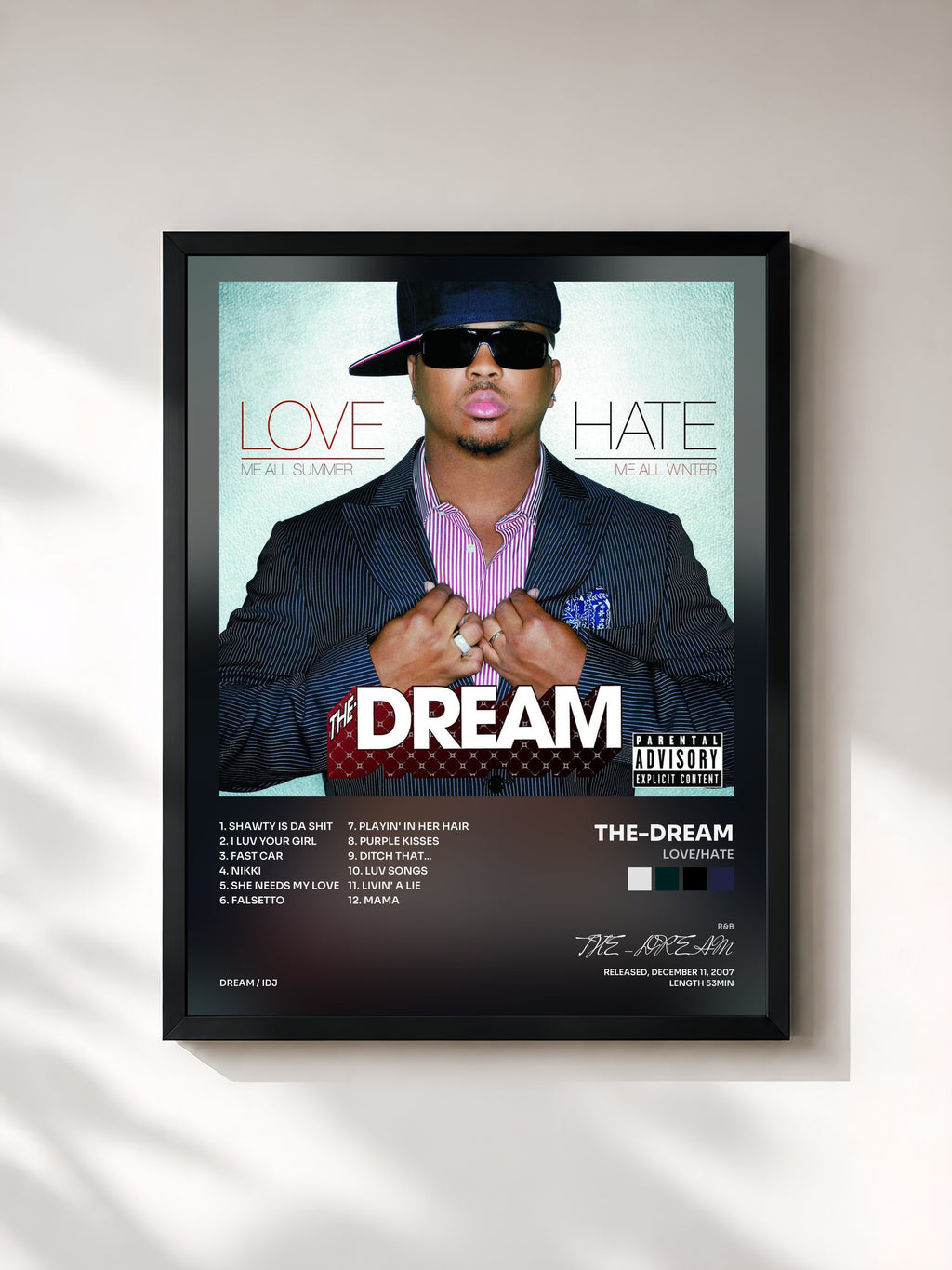#noir Tableau de l'album Love/Hate de THE-DREAM, cadre noir, imprimé et encadré en France