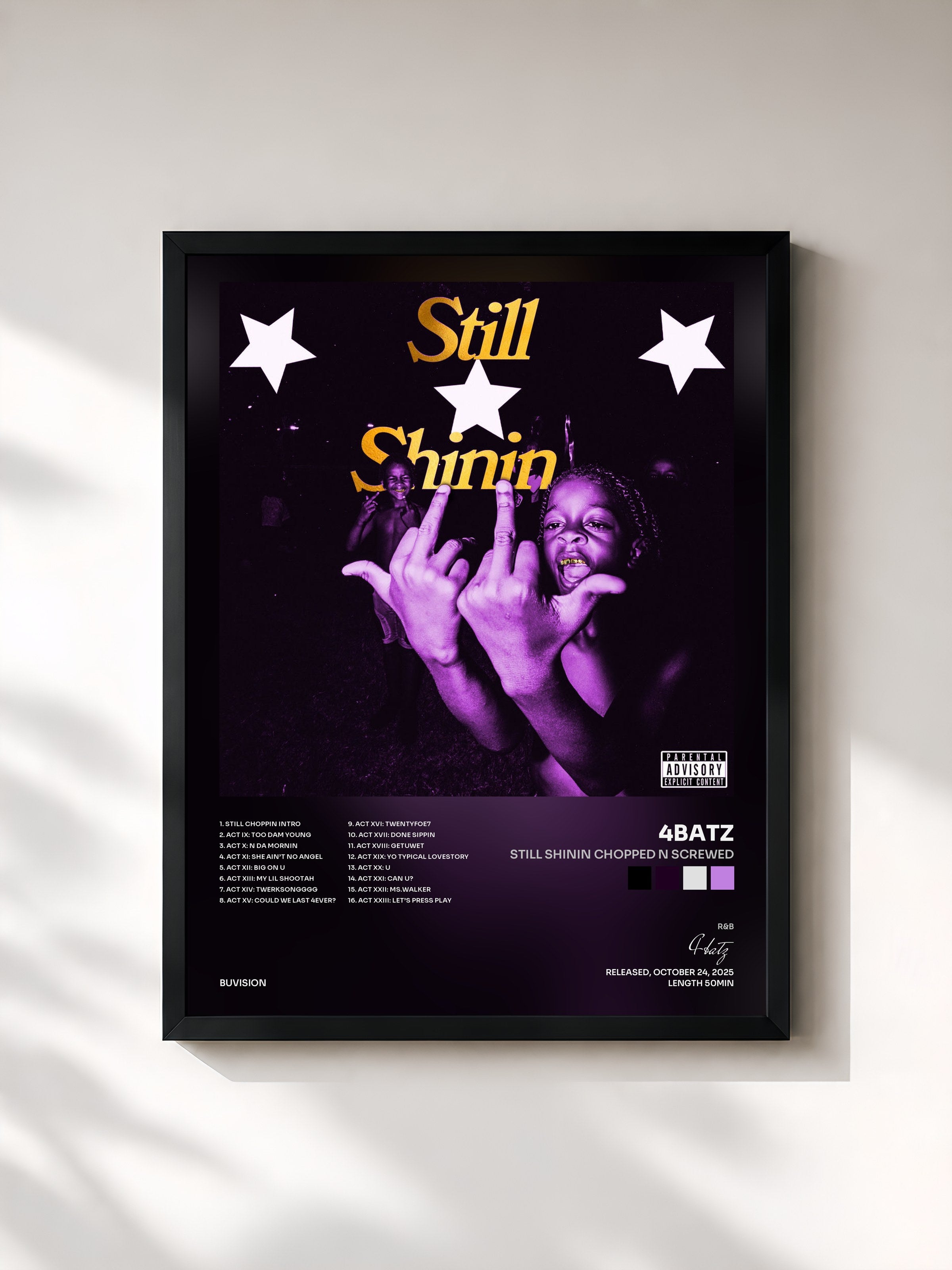 #noir Tableau de l'album Still Shinin chopped n screwed de 4batz, cadre noir, imprimé et encadré en France
