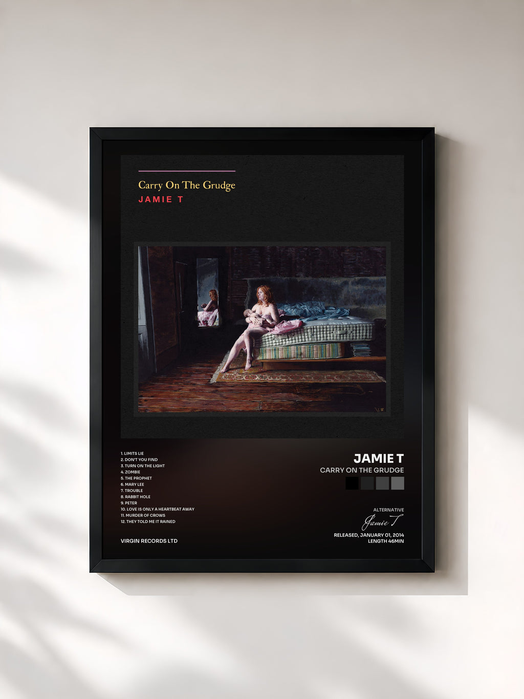 #noir Tableau de l'album Carry On The Grudge de Jamie T, cadre noir, imprimé et encadré en France
