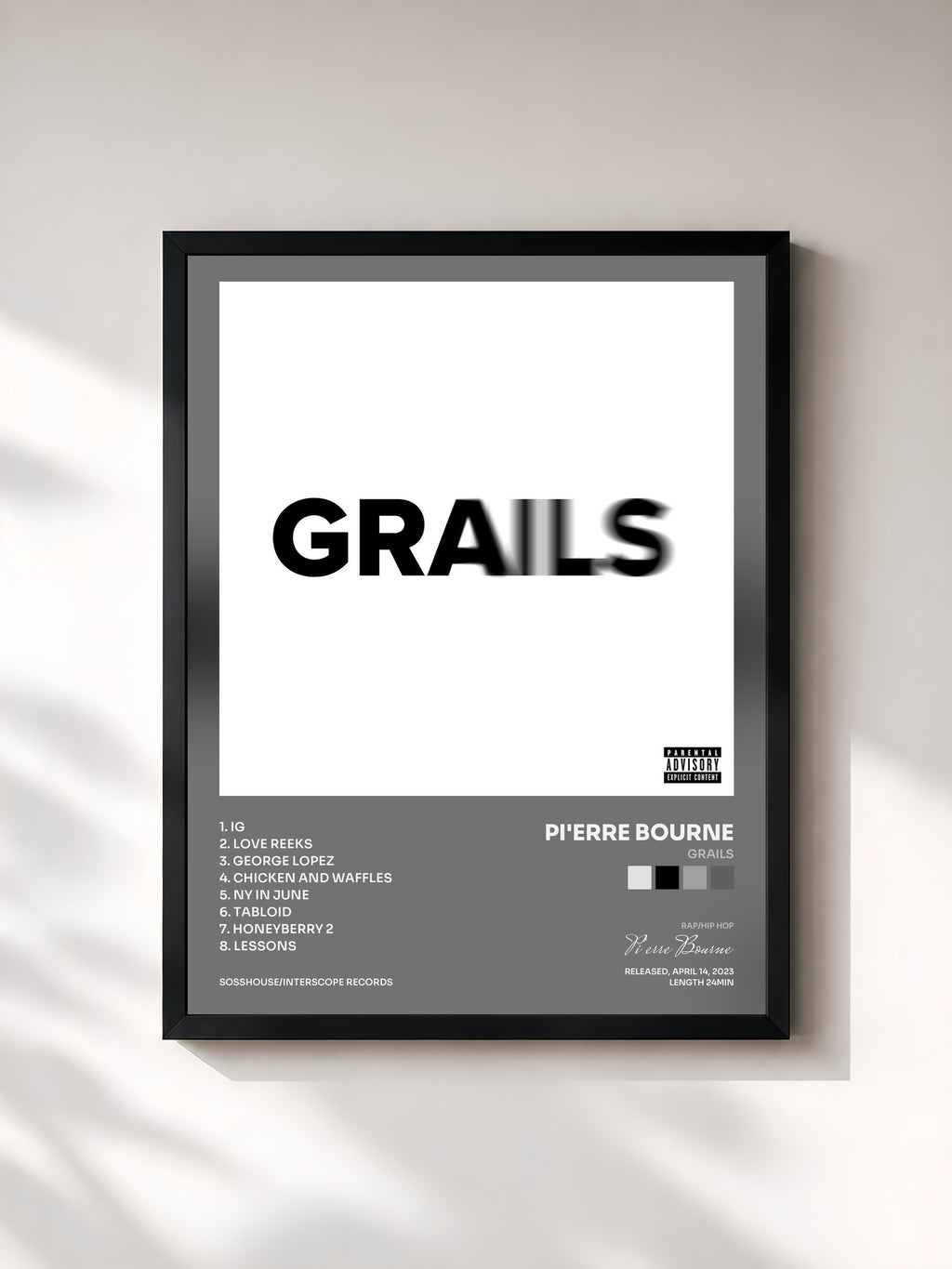 #noir Tableau de l'album Grails de Pi'erre Bourne, cadre noir, imprimé et encadré en France