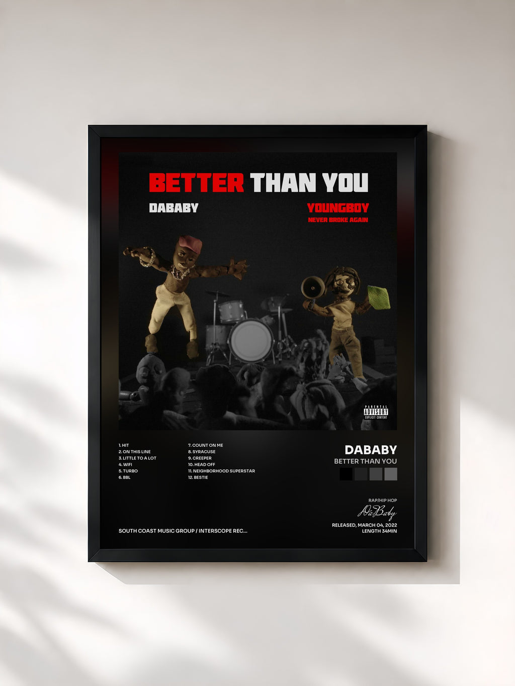#noir Tableau de l'album BETTER THAN YOU de DaBaby, cadre noir, imprimé et encadré en France