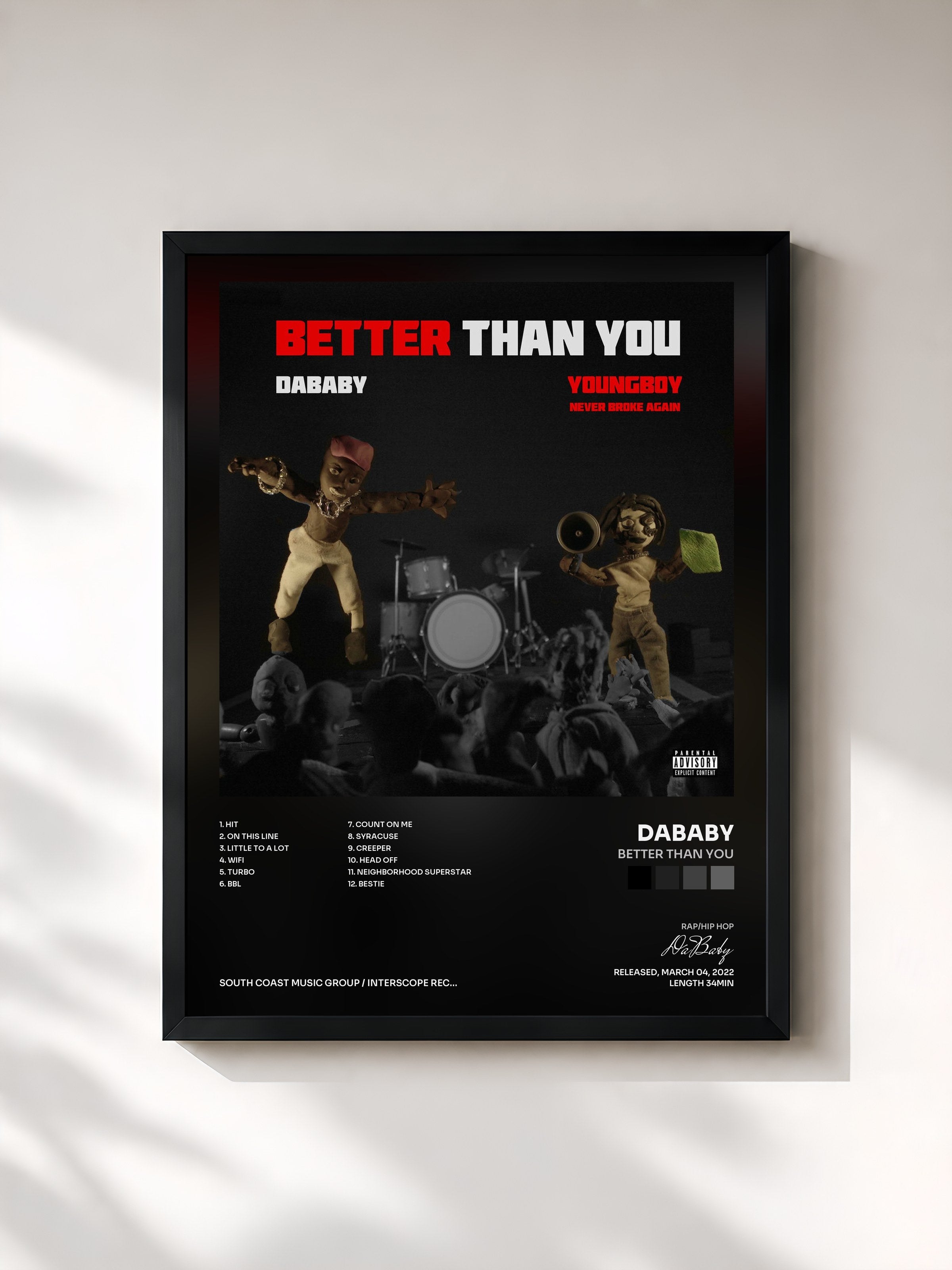 #noir Tableau de l'album BETTER THAN YOU de DaBaby, cadre noir, imprimé et encadré en France