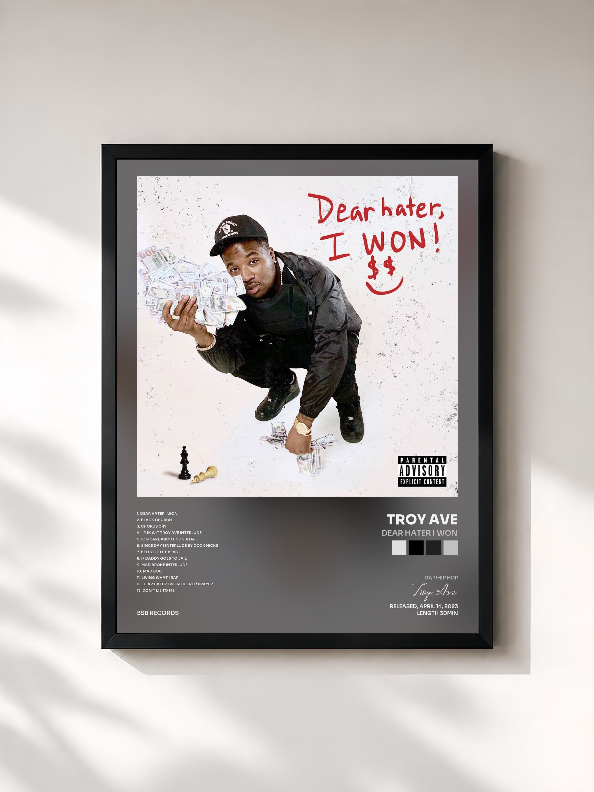 #noir Tableau de l'album Dear Hater I Won de Troy Ave, cadre noir, imprimé et encadré en France