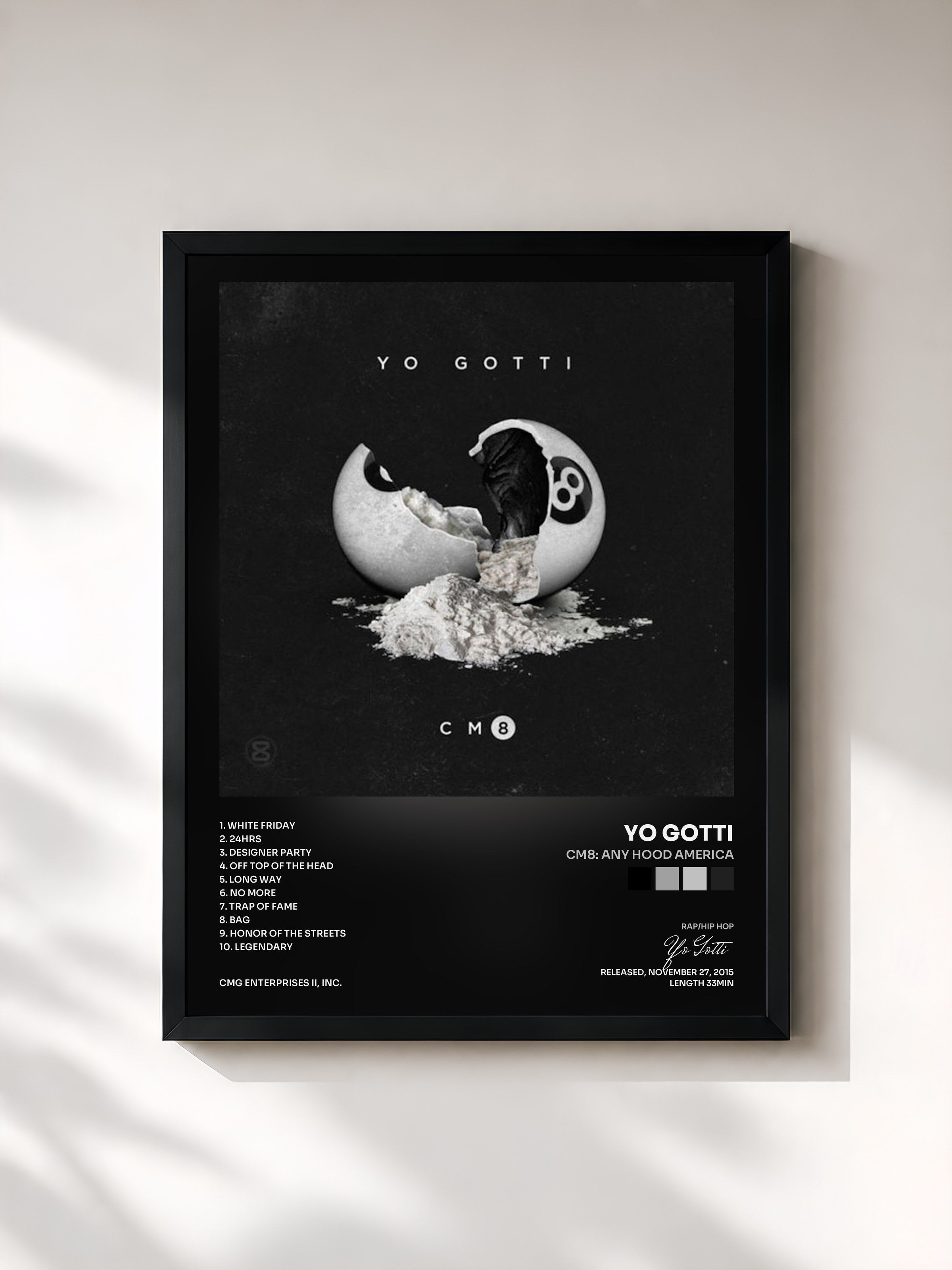 #noir Tableau de l'album CM8: Any Hood America de Yo Gotti, cadre noir, imprimé et encadré en France