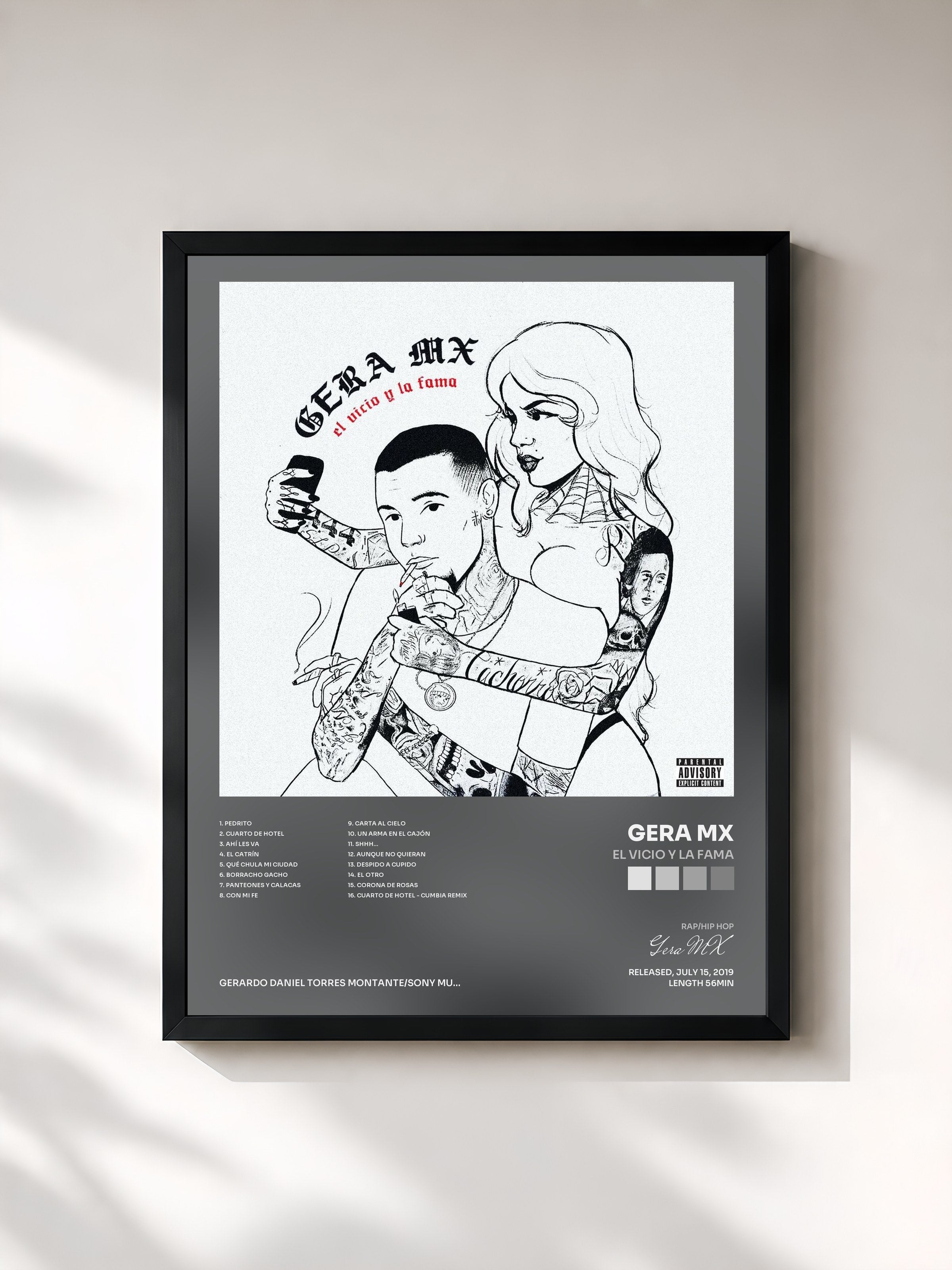 #noir Tableau de l'album El Vicio y la Fama de Gera MX, cadre noir, imprimé et encadré en France