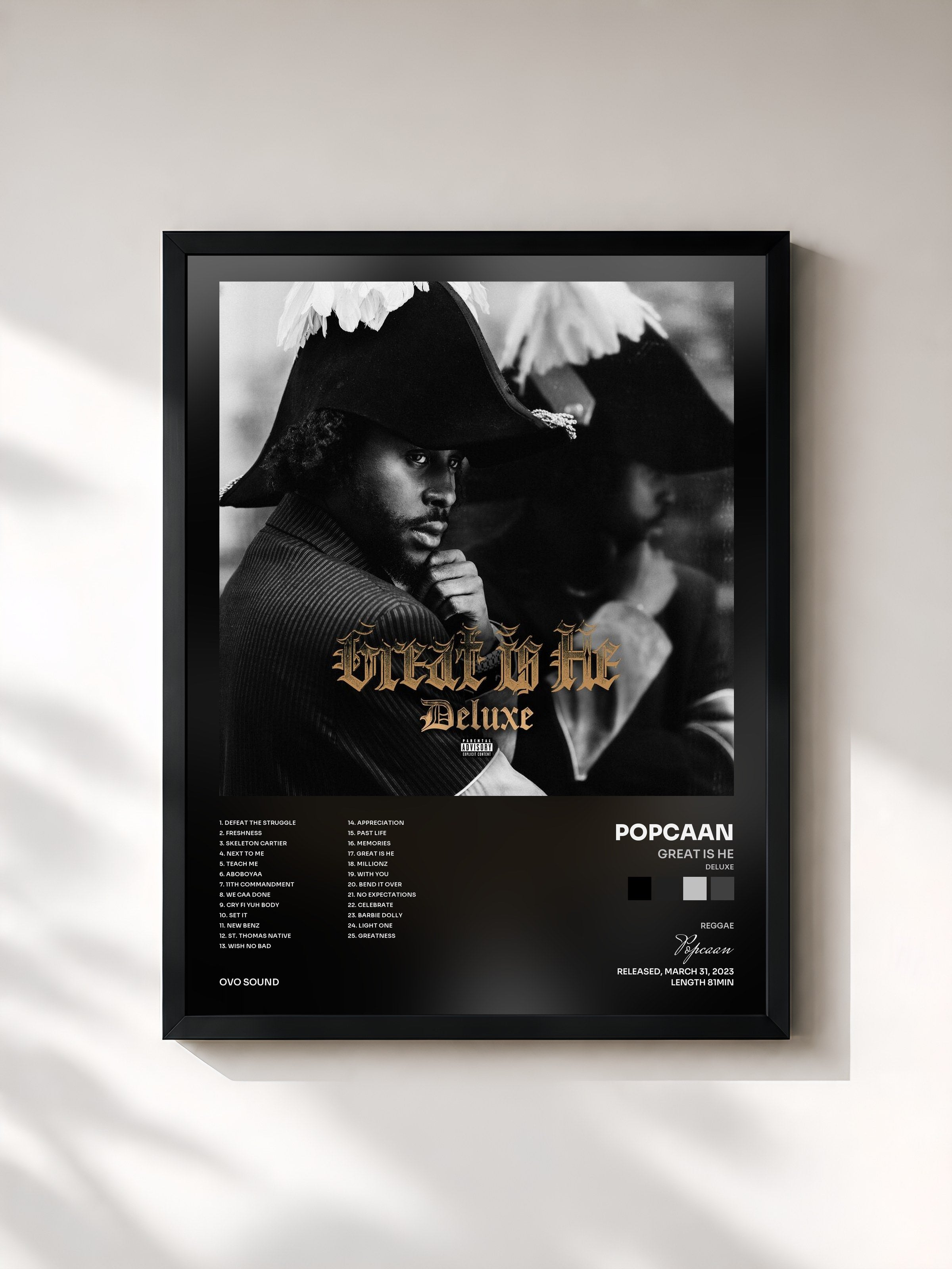 #noir Tableau de l'album Great Is He (Deluxe) de Popcaan, cadre noir, imprimé et encadré en France