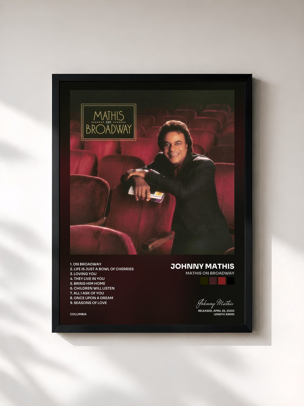 #noir Tableau de l'album Mathis On Broadway de Johnny Mathis, cadre noir, imprimé et encadré en France