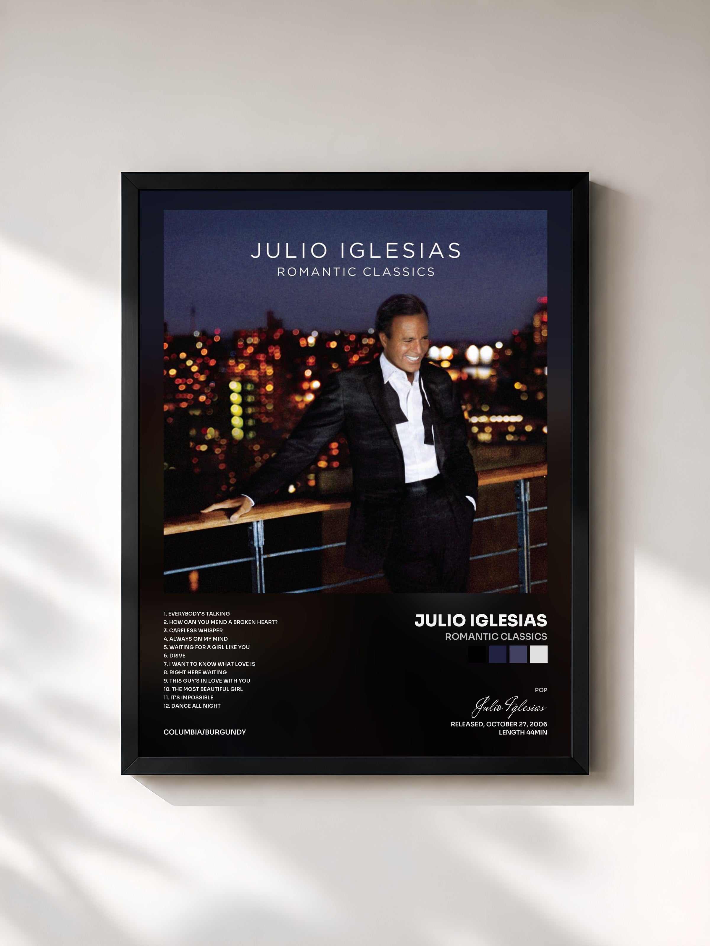 #noir Tableau de l'album Romantic Classics de Julio Iglesias, cadre noir, imprimé et encadré en France