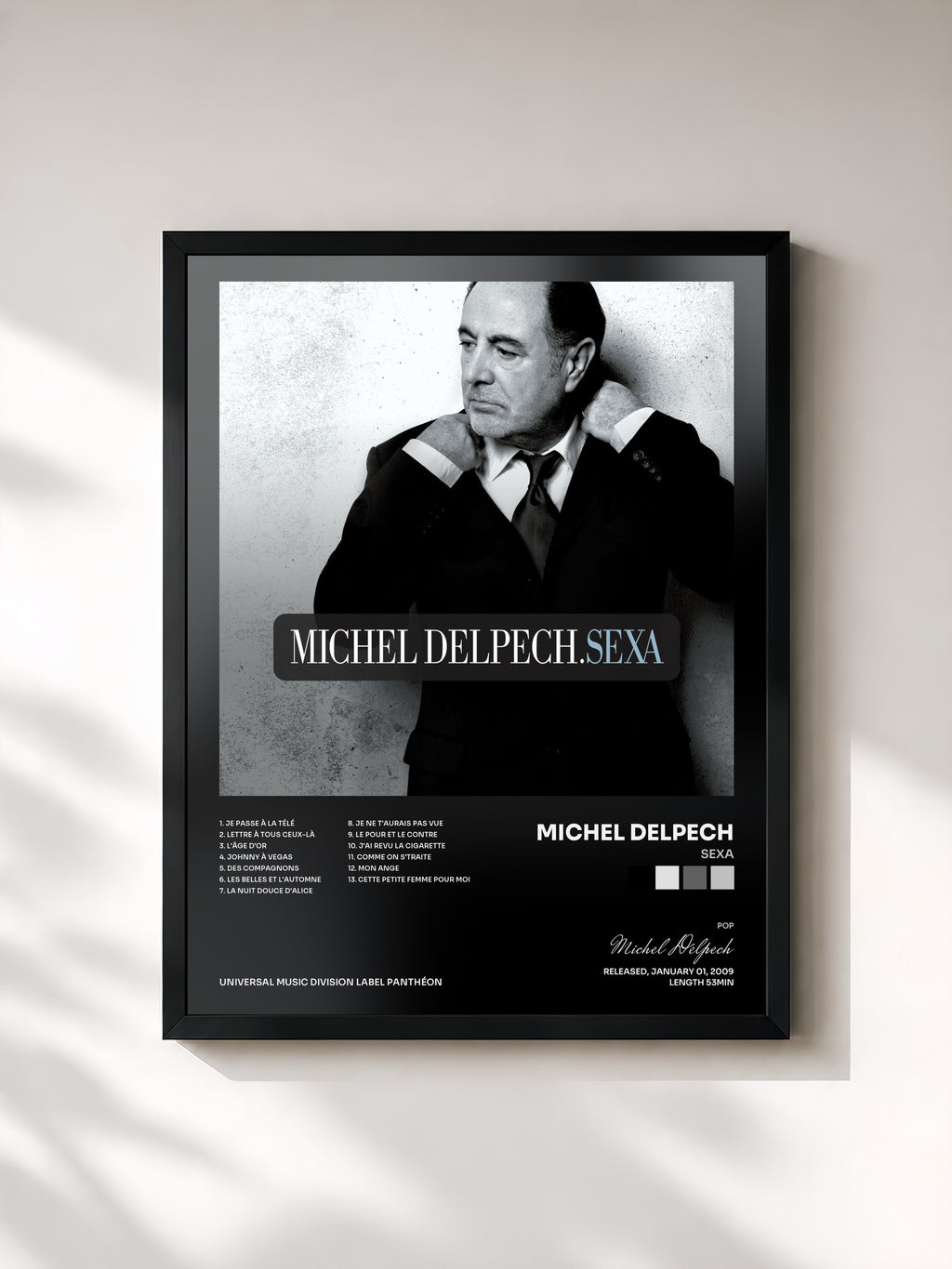 #noir Tableau de l'album Sexa de Michel Delpech, cadre noir, imprimé et encadré en France