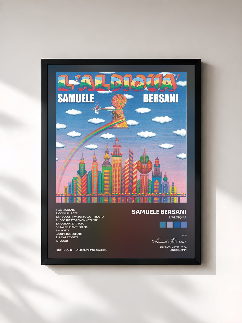 #noir Tableau de l'album L'Aldiquà de Samuele Bersani, cadre noir, imprimé et encadré en France