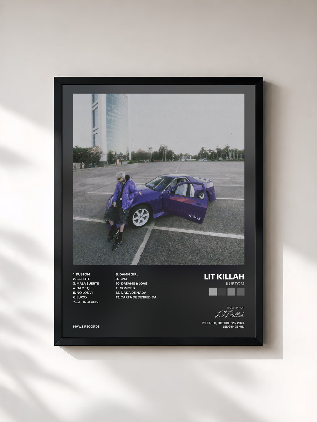 #noir Tableau de l'album KUSTOM de LIT killah, cadre noir, imprimé et encadré en France