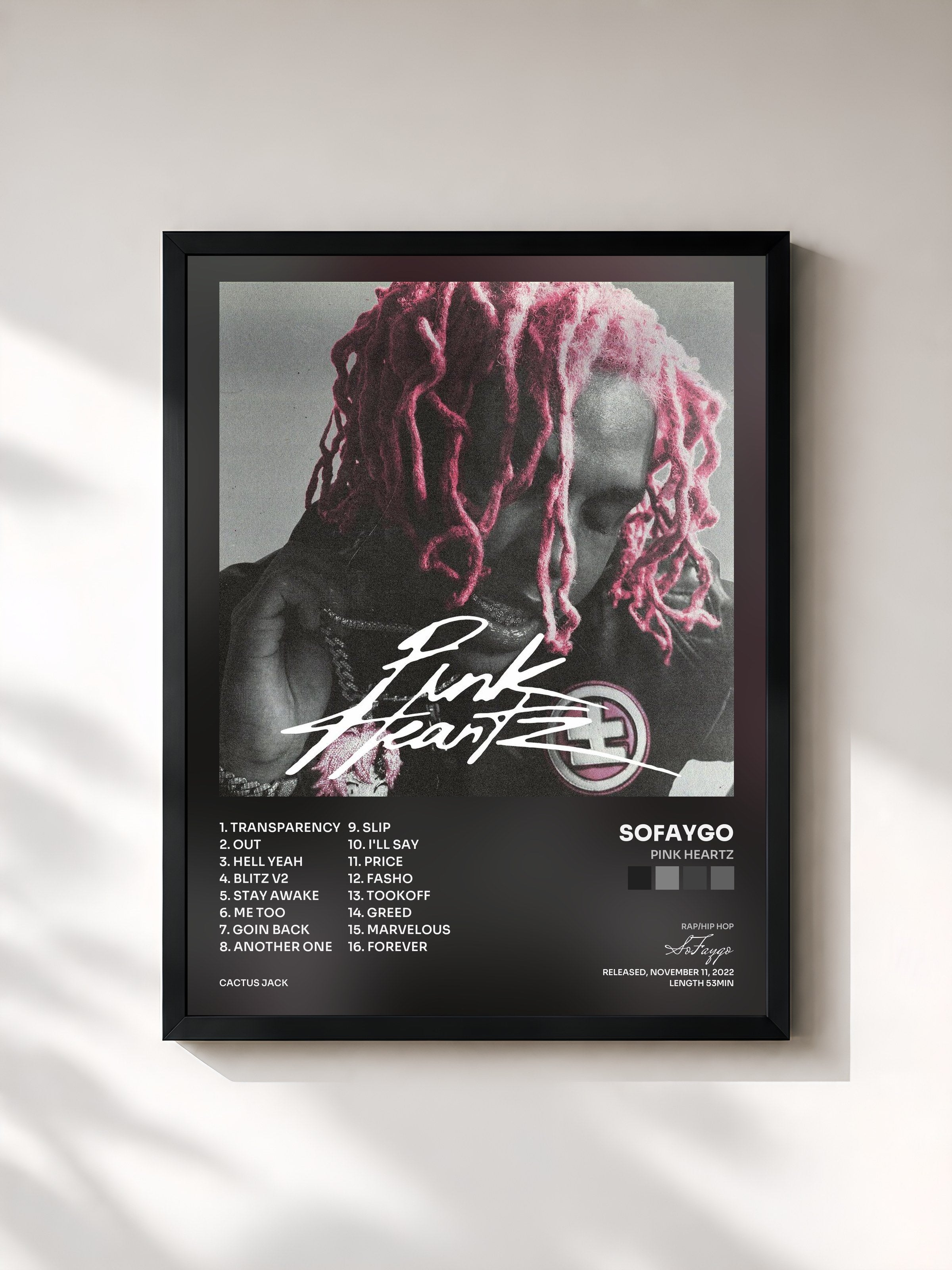 #noir Tableau de l'album Pink Heartz de SoFaygo, cadre noir, imprimé et encadré en France