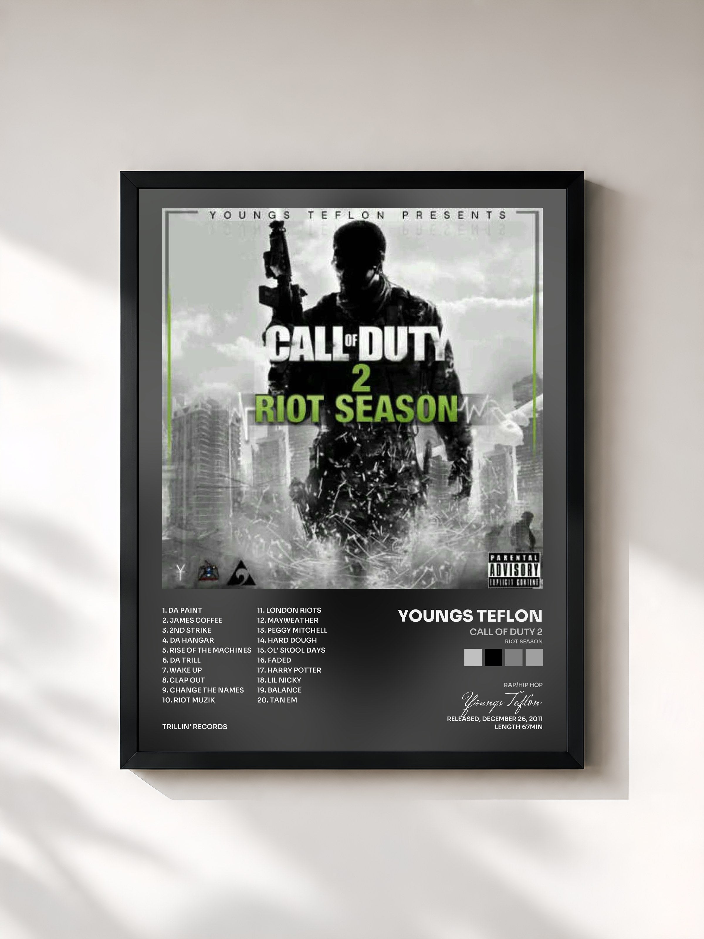 #noir Tableau de l'album Call of Duty 2 (Riot Season) de Youngs Teflon, cadre noir, imprimé et encadré en France