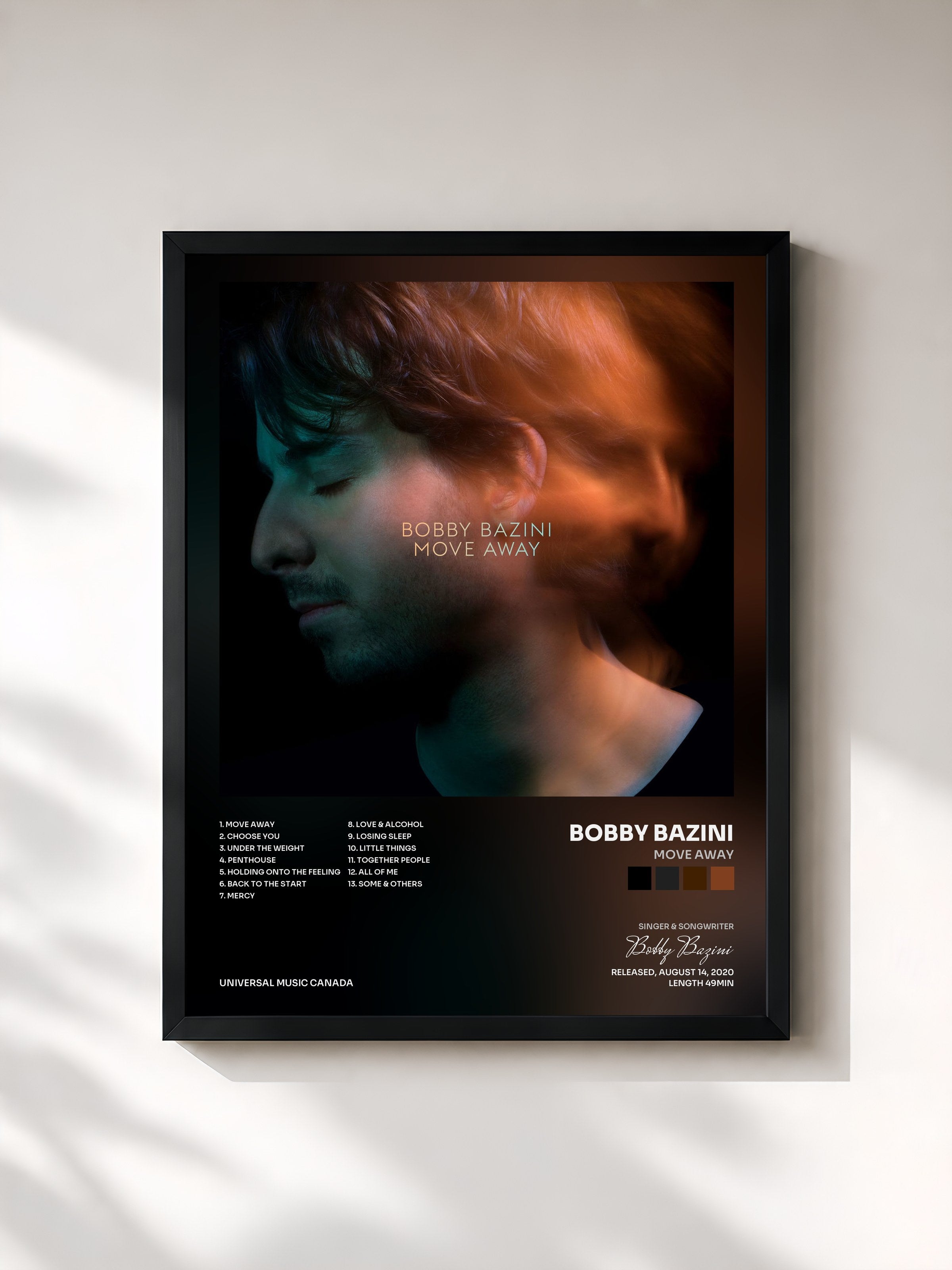 #noir Tableau de l'album Move Away de Bobby Bazini, cadre noir, imprimé et encadré en France