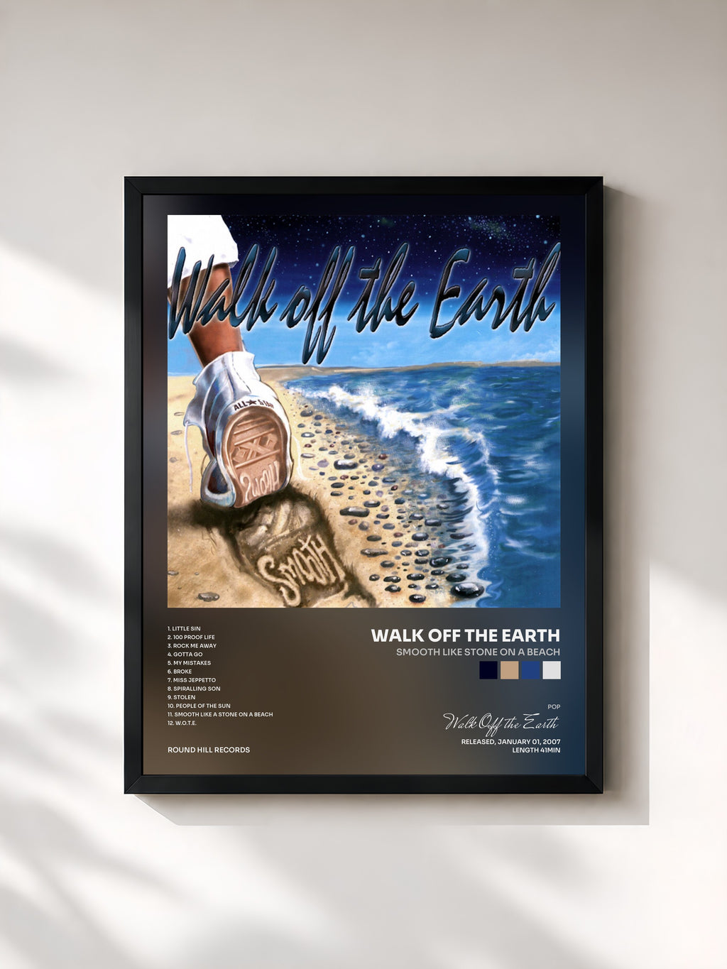 #noir Tableau de l'album Smooth Like Stone On A Beach de Walk Off the Earth, cadre noir, imprimé et encadré en France