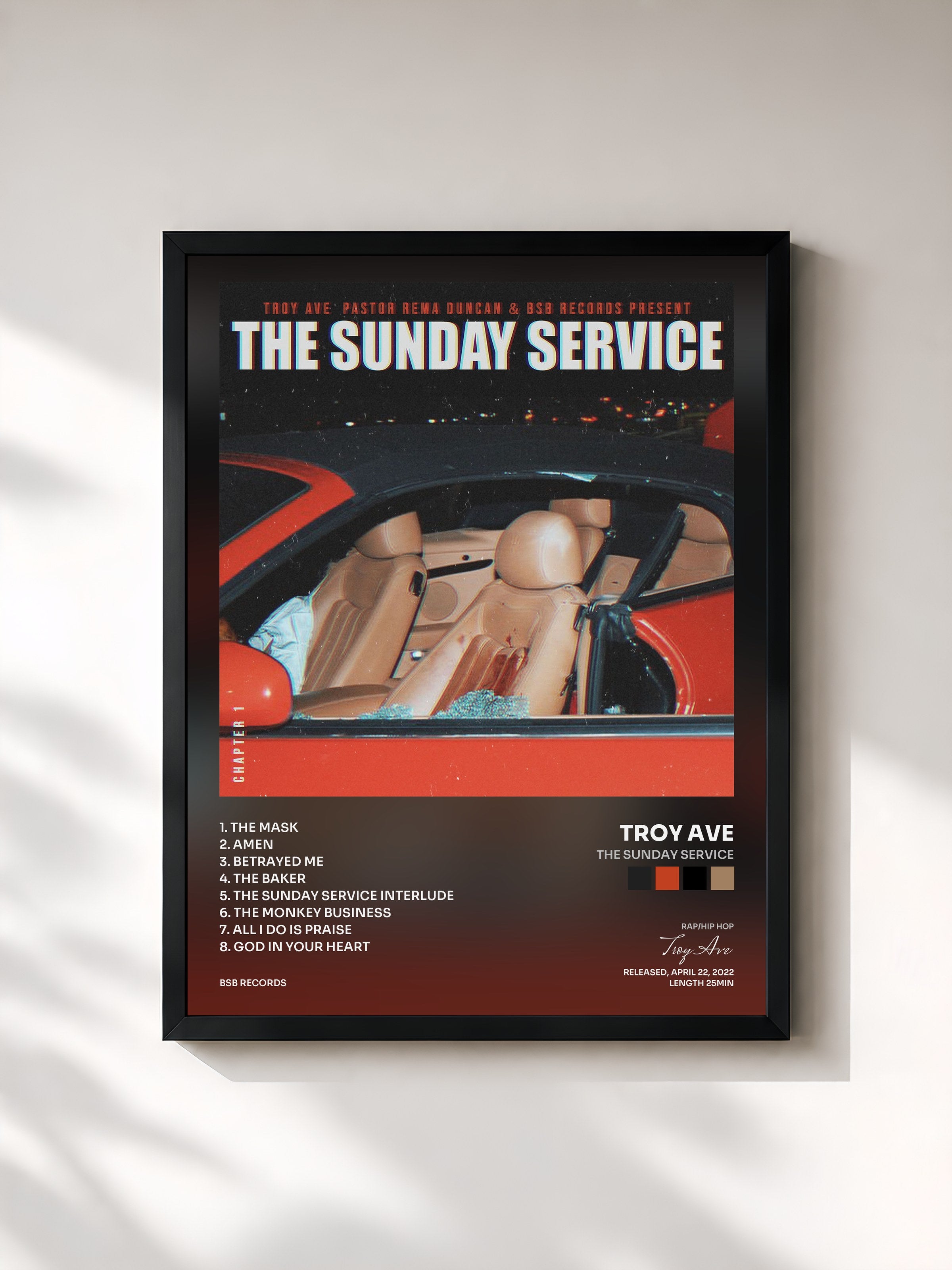 #noir Tableau de l'album THE SUNDAY SERVICE de Troy Ave, cadre noir, imprimé et encadré en France