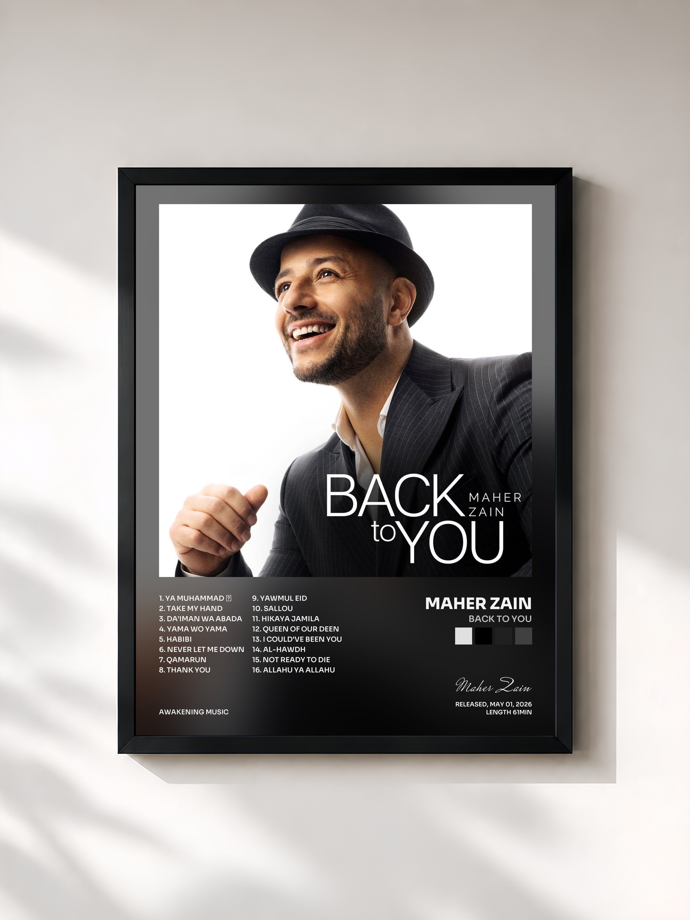 #noir Tableau de l'album Back To You de Maher Zain, cadre noir, imprimé et encadré en France