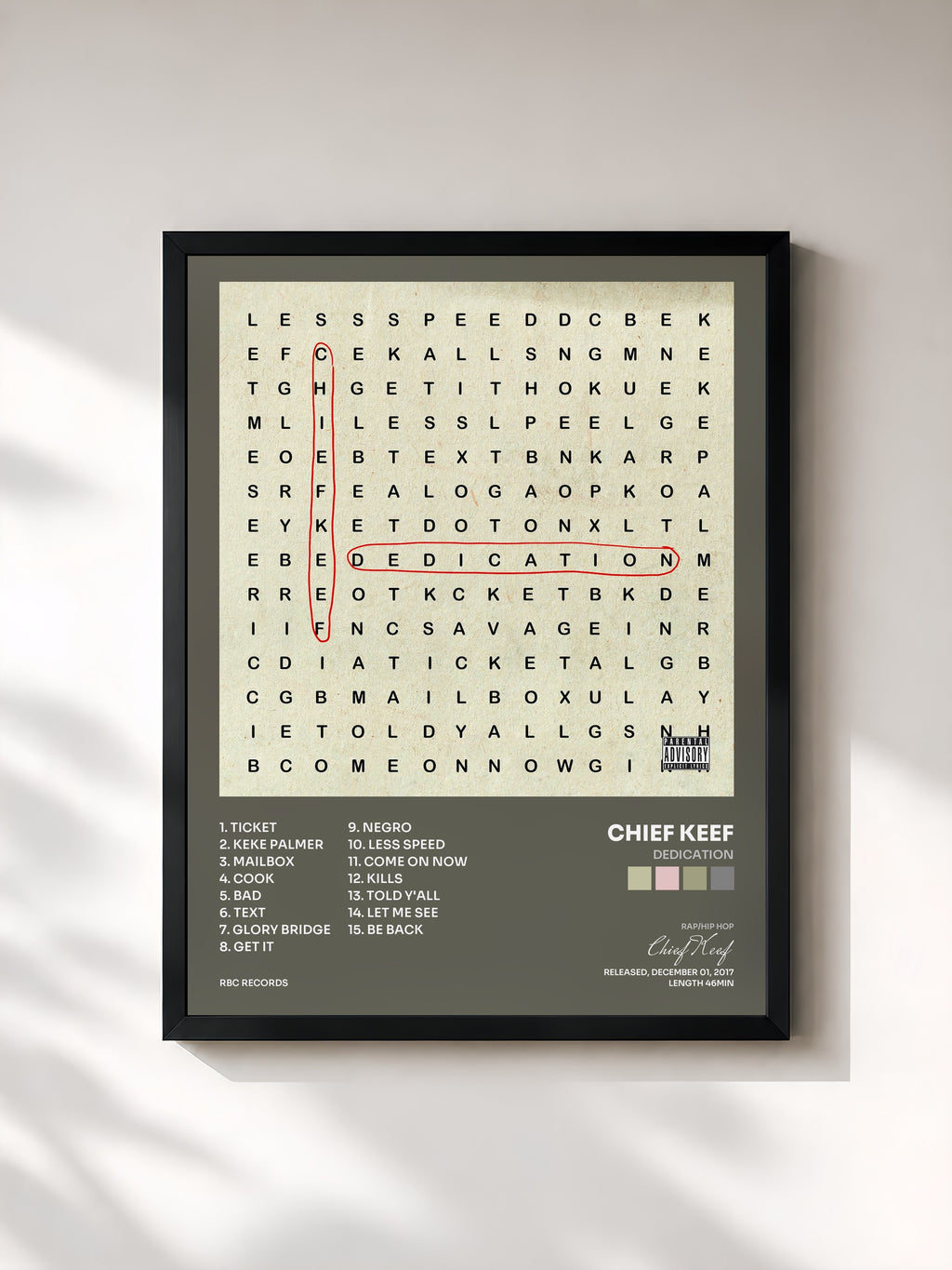 #noir Tableau de l'album Dedication de Chief Keef, cadre noir, imprimé et encadré en France