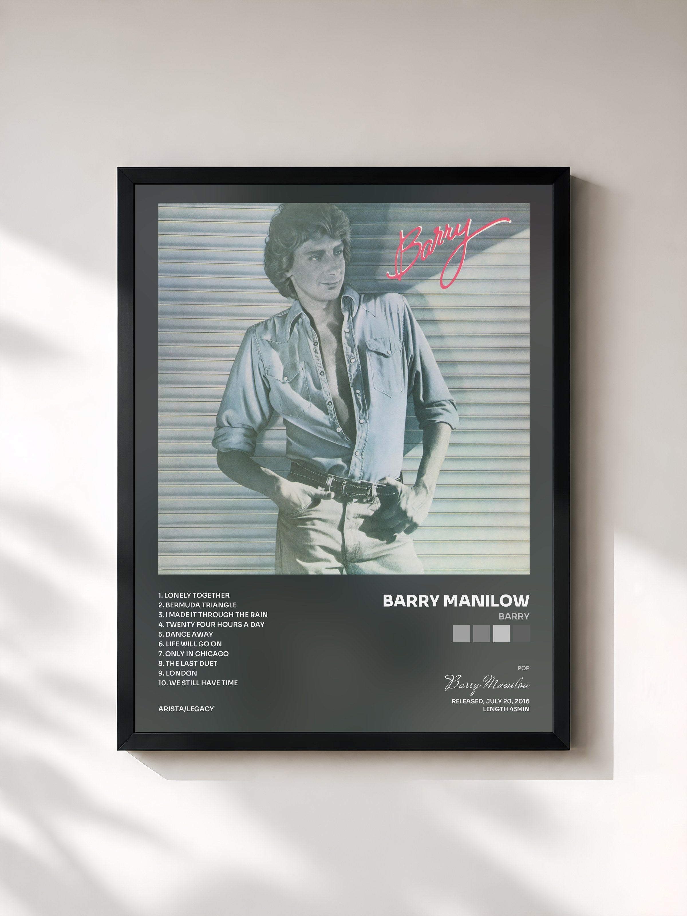 #noir Tableau de l'album Barry de Barry Manilow, cadre noir, imprimé et encadré en France