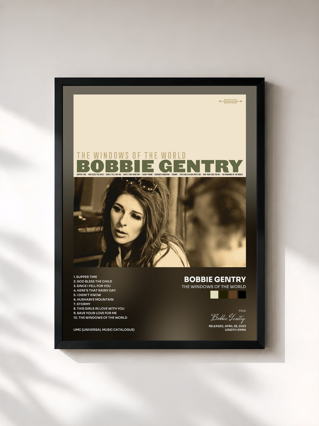 #noir Tableau de l'album The Windows Of The World de Bobbie Gentry, cadre noir, imprimé et encadré en France