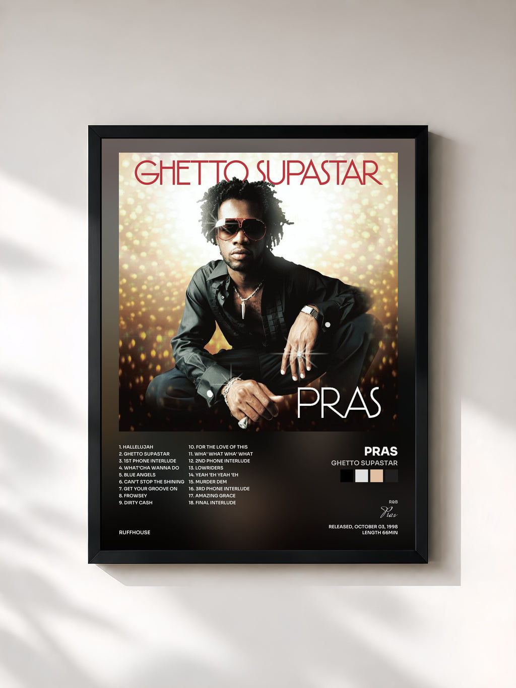 #noir Tableau de l'album Ghetto Supastar de Pras, cadre noir, imprimé et encadré en France