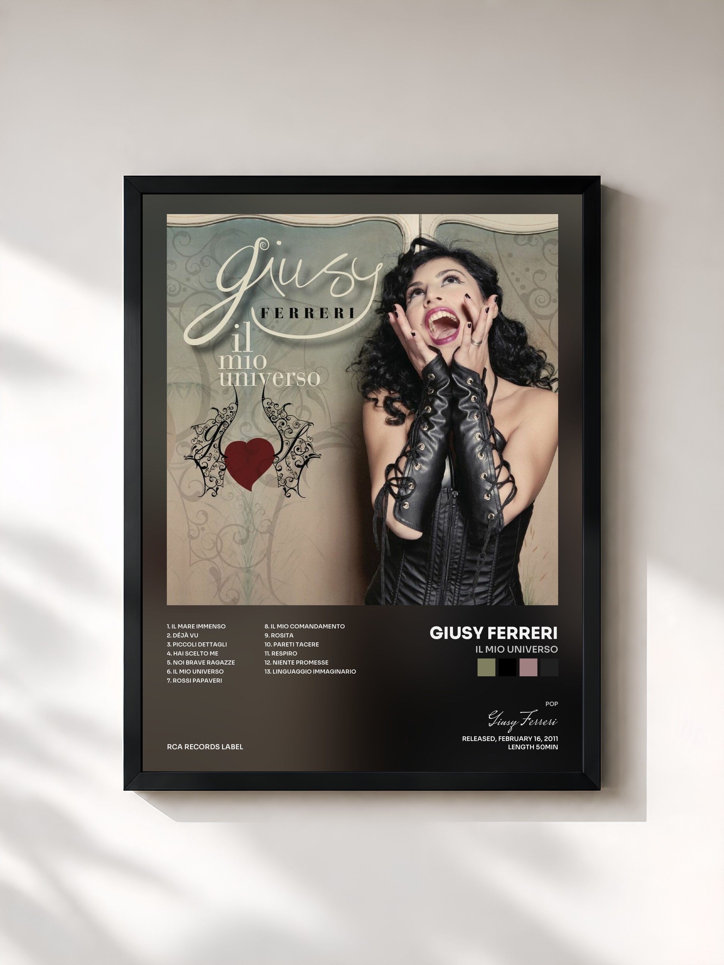 #noir Tableau de l'album Il Mio Universo de Giusy Ferreri, cadre noir, imprimé et encadré en France