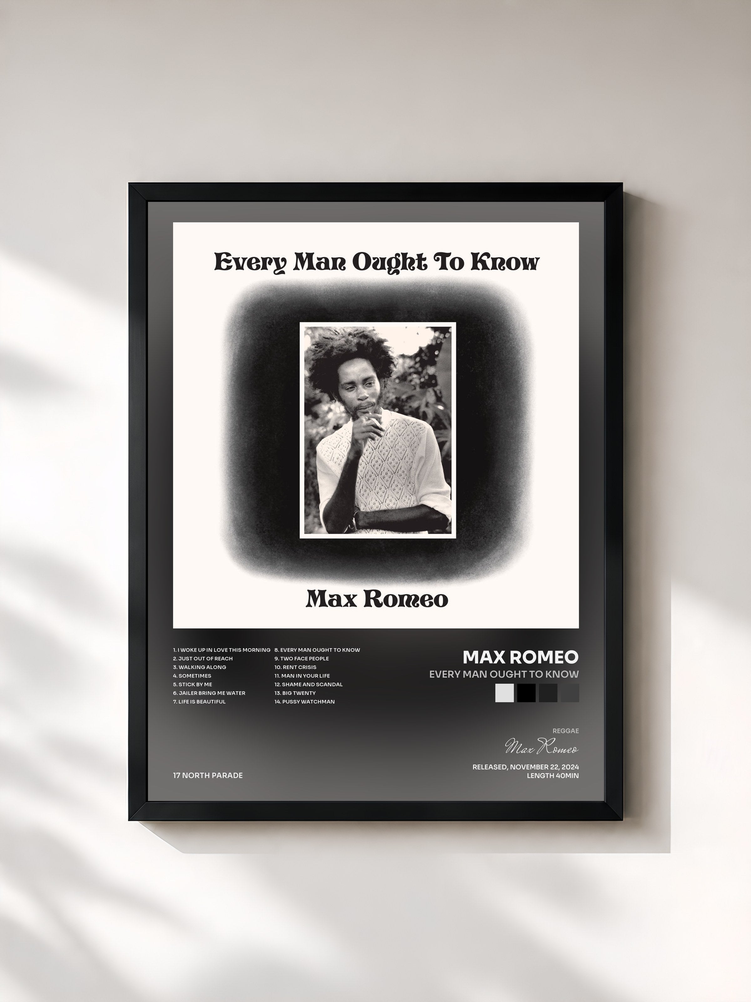 #noir Tableau de l'album Every Man Ought To Know de Max Romeo, cadre noir, imprimé et encadré en France