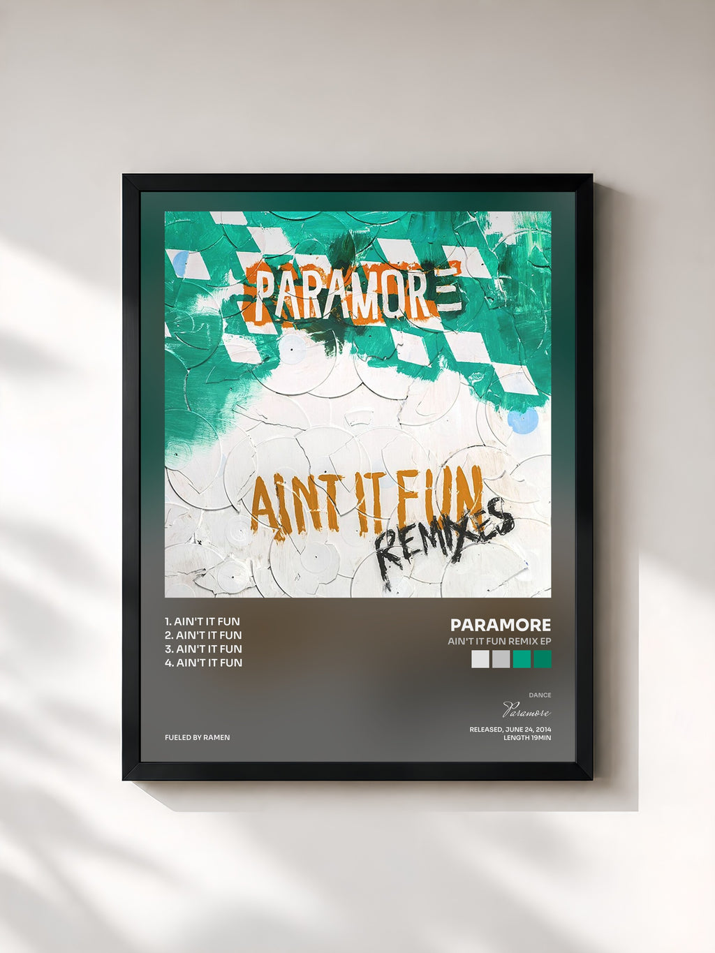 #noir Tableau de l'album Ain't It Fun Remix EP de Paramore, cadre noir, imprimé et encadré en France