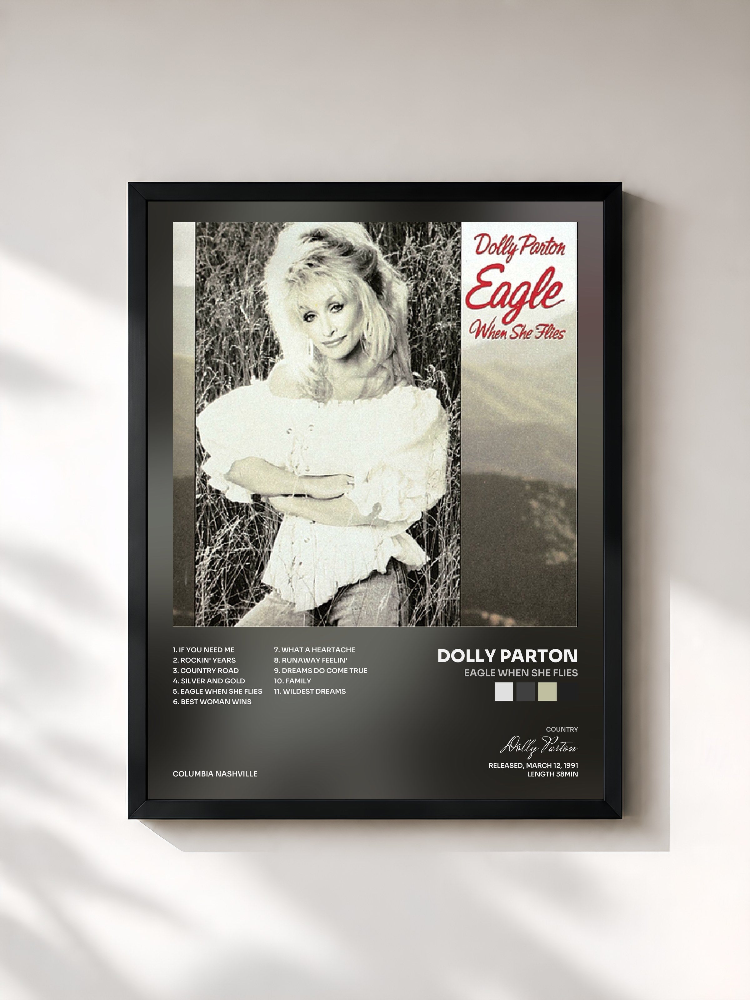 #noir Tableau de l'album Eagle When She Flies de Dolly Parton, cadre noir, imprimé et encadré en France