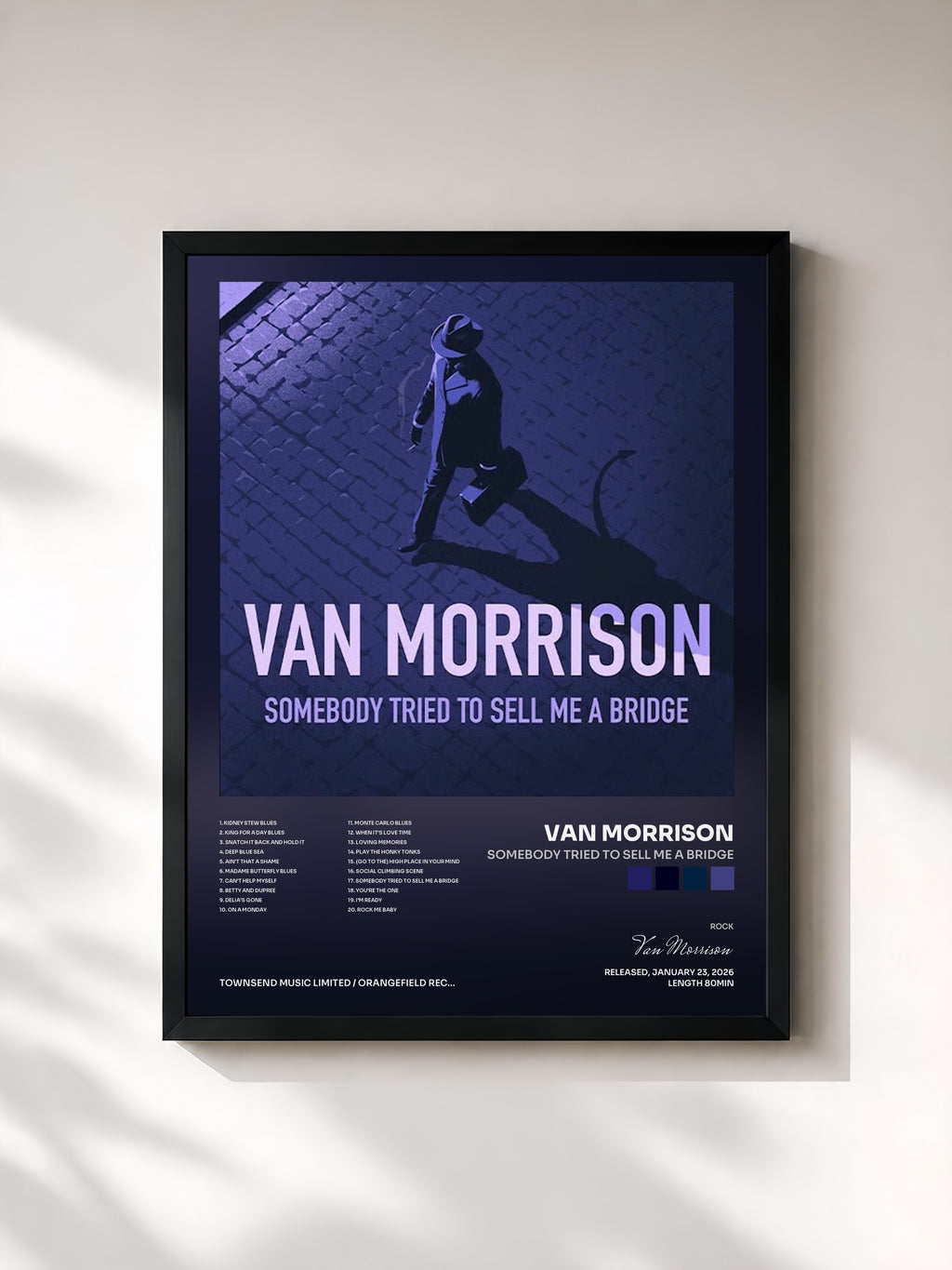 #noir Tableau de l'album Somebody Tried To Sell Me A Bridge de Van Morrison, cadre noir, imprimé et encadré en France