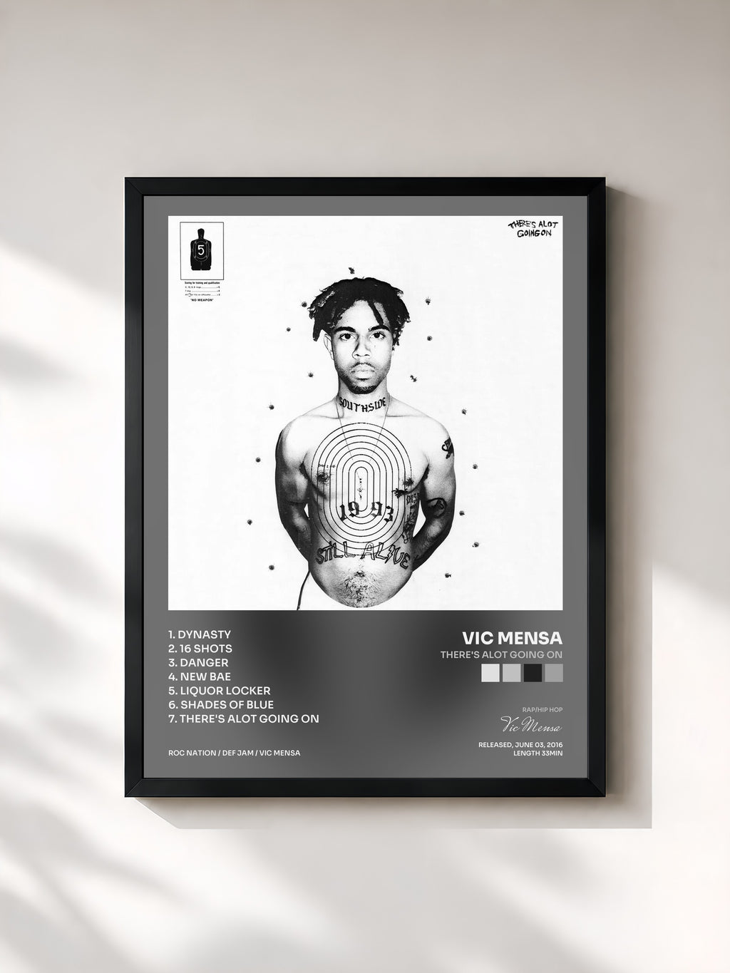 #noir Tableau de l'album There's Alot Going On de Vic Mensa, cadre noir, imprimé et encadré en France