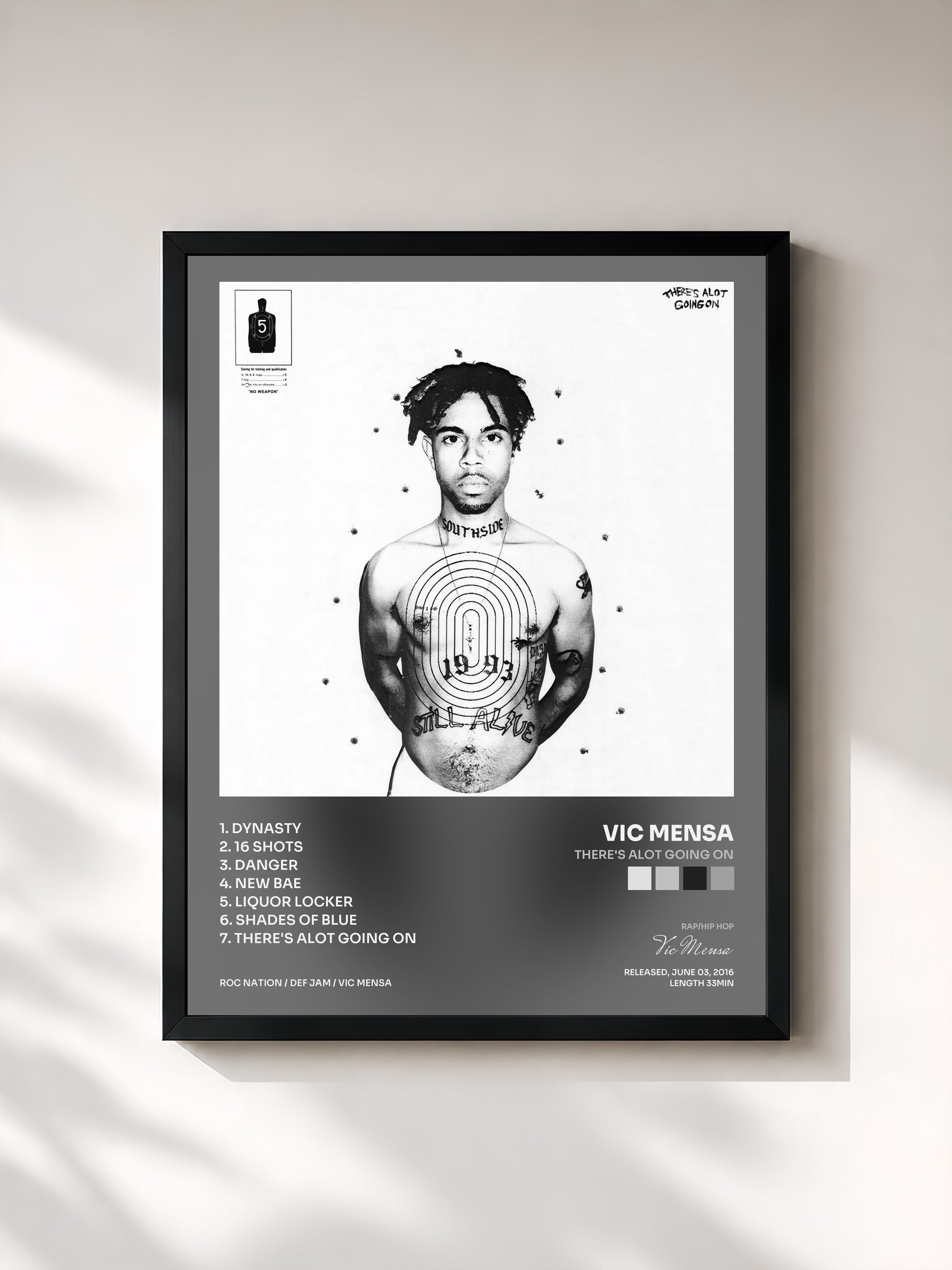 #noir Tableau de l'album There's Alot Going On de Vic Mensa, cadre noir, imprimé et encadré en France