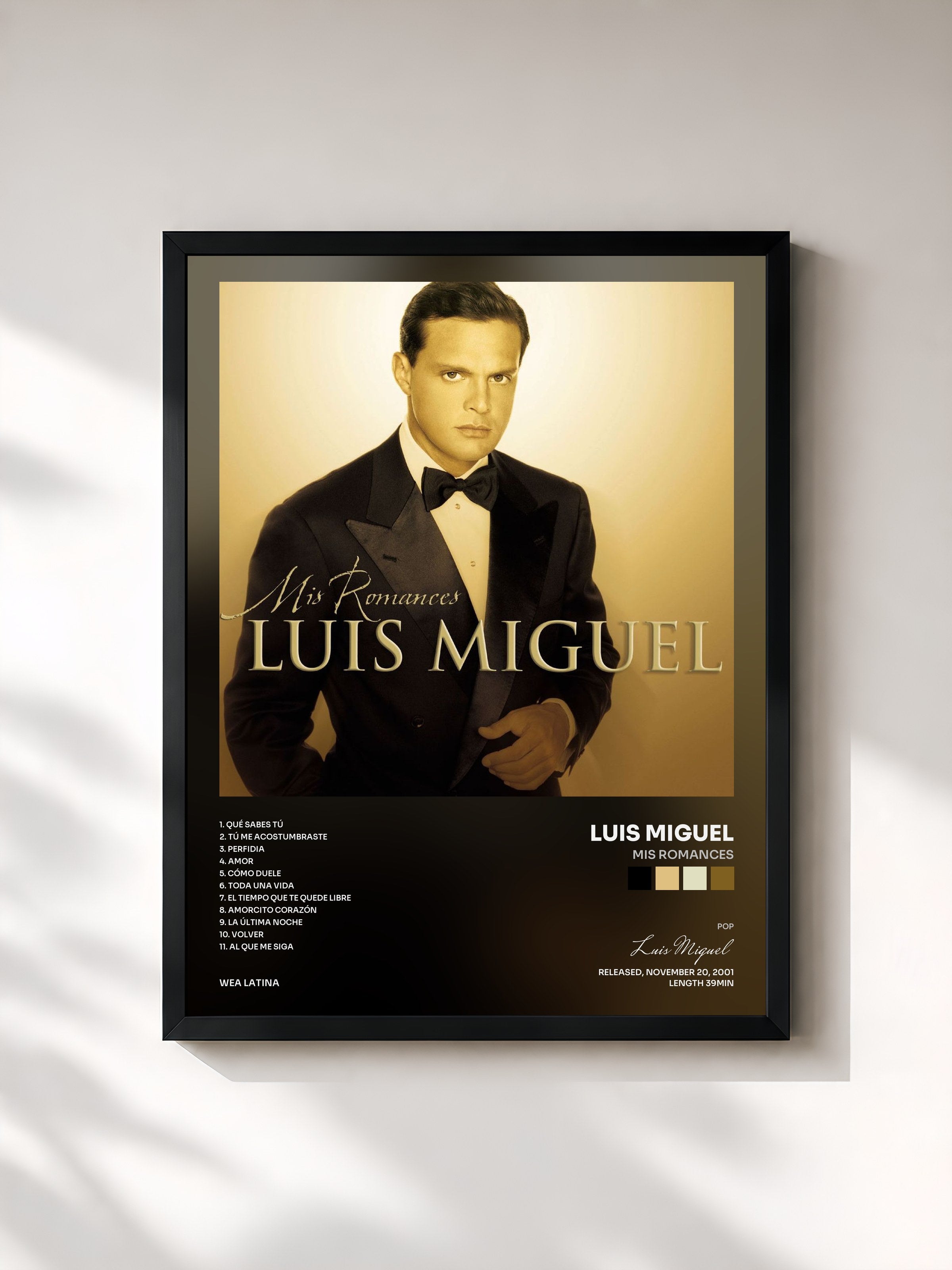 #noir Tableau de l'album Mis Romances de Luis Miguel, cadre noir, imprimé et encadré en France