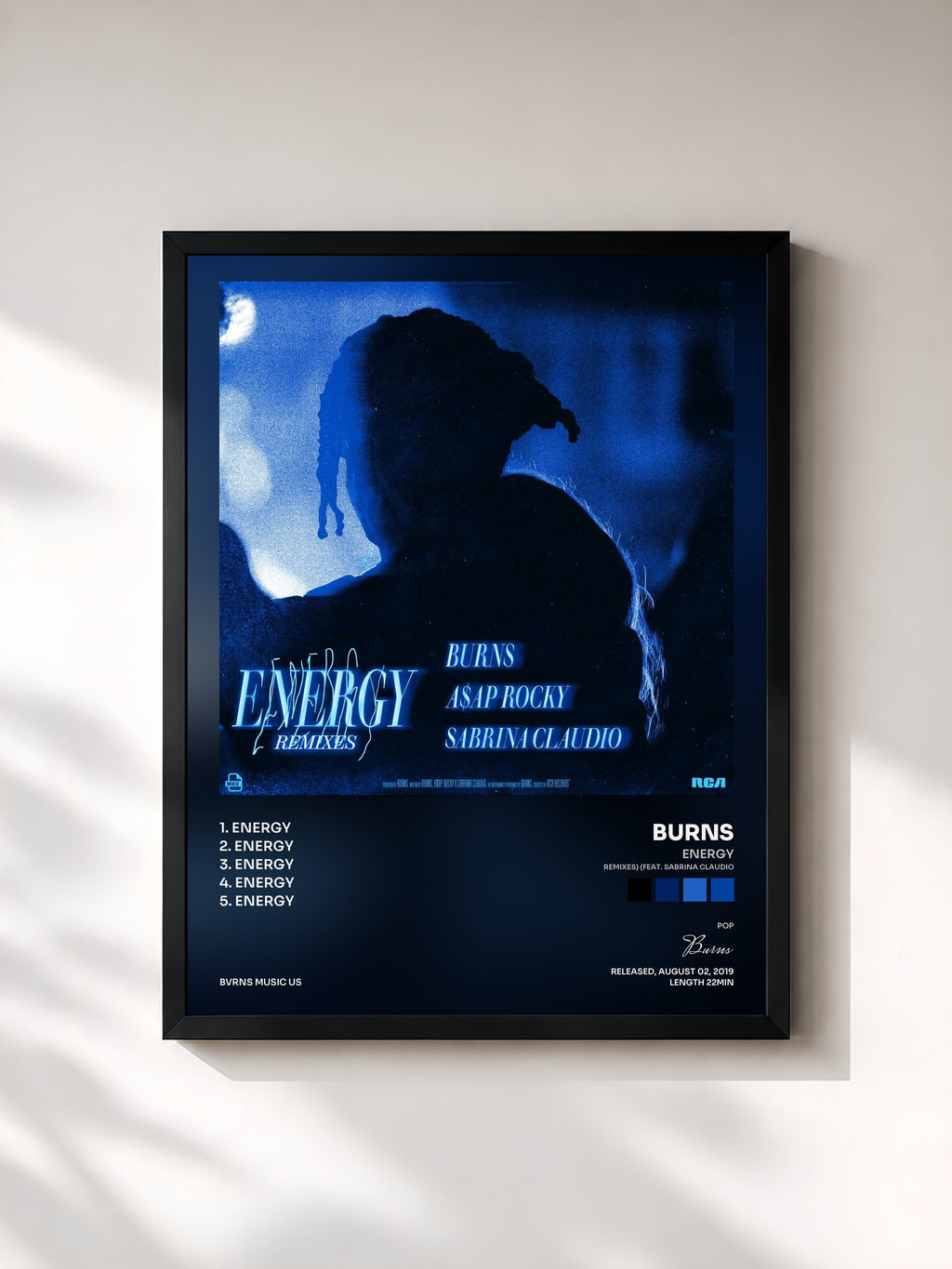 #noir Energy (Remixes) (feat. Sabrina Claudio) by Burns as a framed art print, black frame, printed and framed in France