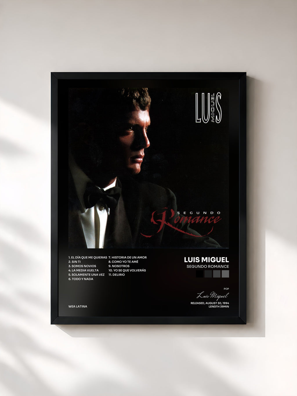 #noir Tableau de l'album Segundo Romance de Luis Miguel, cadre noir, imprimé et encadré en France